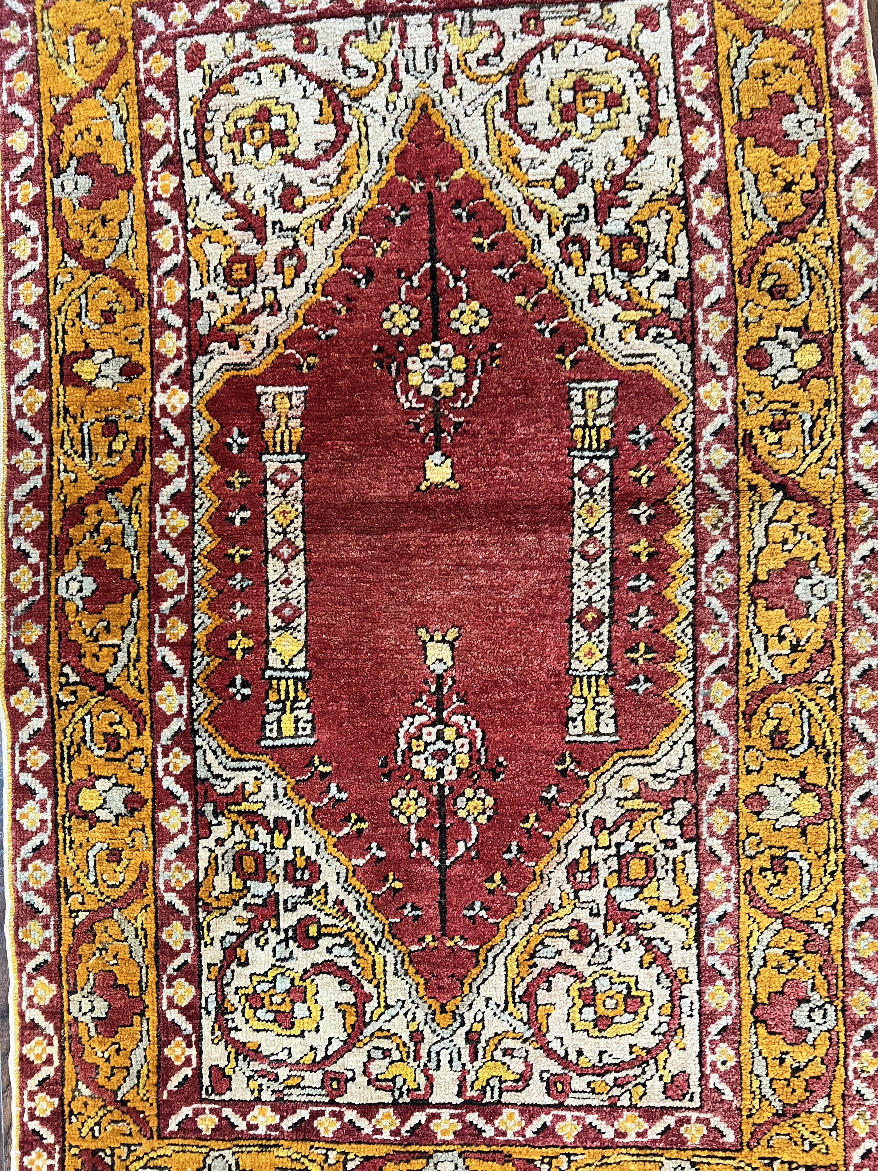 Antique Turkish Prayer Rug 3x5, Hand Knotted Turkish Melas Oushak Wool Carpet, Mehrab Rug, Orange & Red Vintage Rug 3 x 5 Collectible - Jewel Rugs