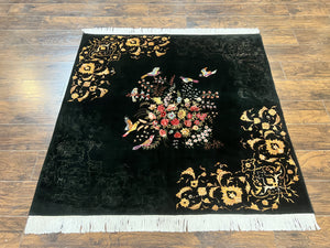 Persian Tabriz Rug 5x5, Wool & Silk Hand Knotted Antique Carpet, Black Square Rug, Floral Bird Motifs, 50 Raj 330 KPSI Very Fine