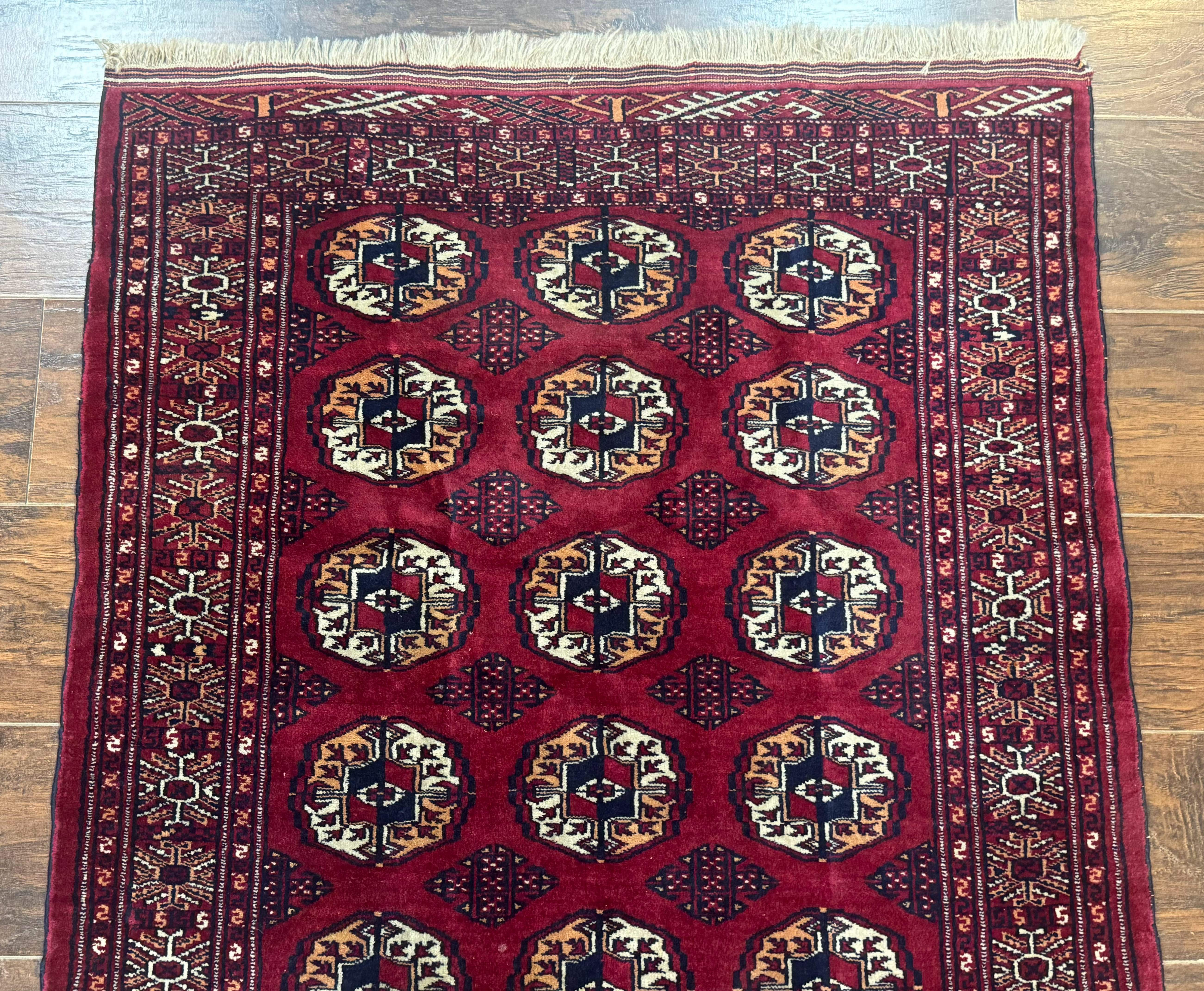 Persian Turkoman Rug 3x4 – Raspberry Red and Ivory, Handmade Wool Vintage Carpet - Jewel Rugs