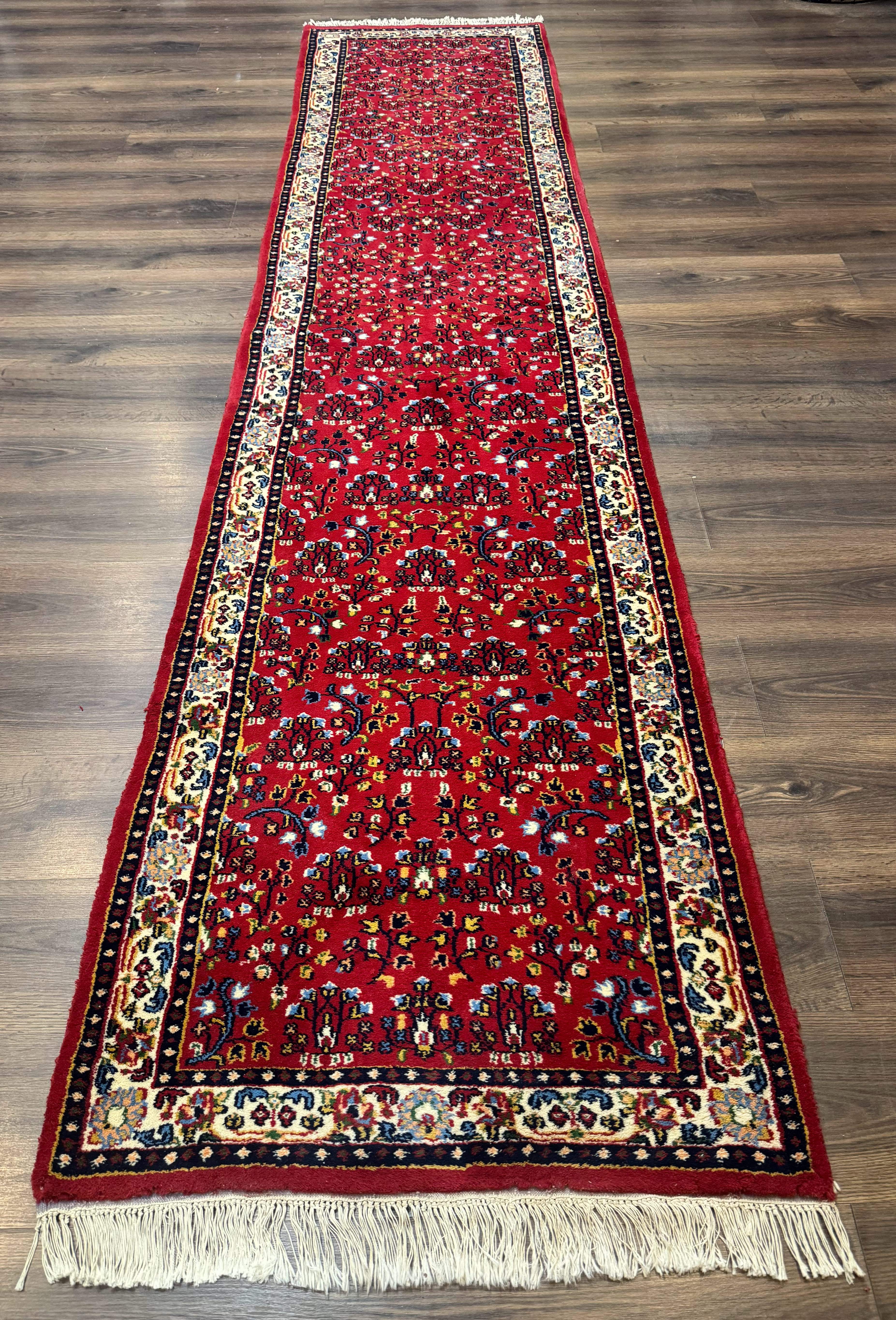 Indo Persian Sarouk Runner Rug 3 x 12, Red and Cream, Allover Pattern, 12ft Runner, Hand Knotted - Jewel Rugs