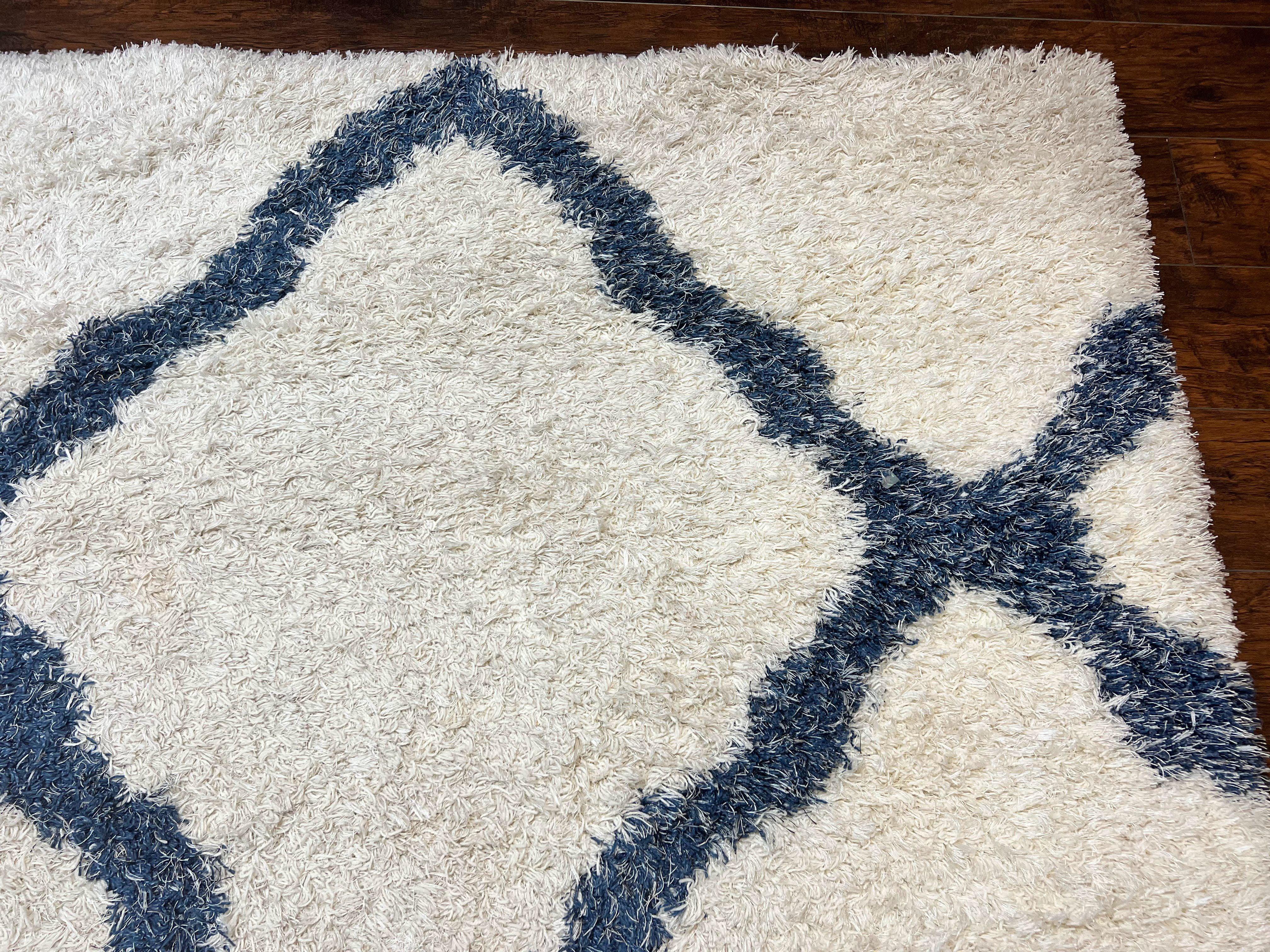 Modern Shag Rug 9x12, Ivory and Dark Blue, Diamond Pattern, Soft, Room Sized, Contemporary Rug, Plush - Jewel Rugs