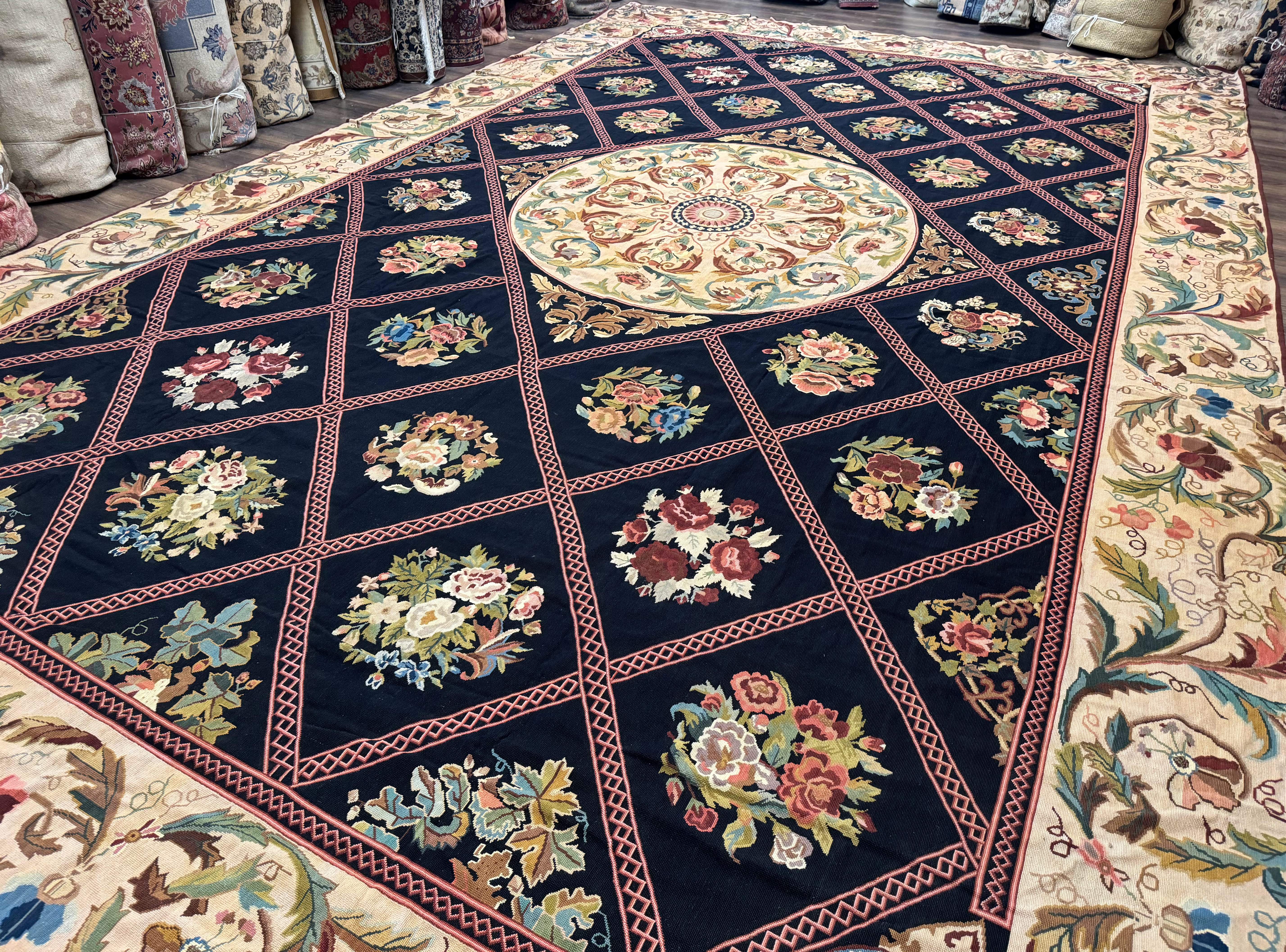 Palace Size Needlepoint Rug 12x20, European French English Aubusson Floral Design, Black and Beige - Jewel Rugs
