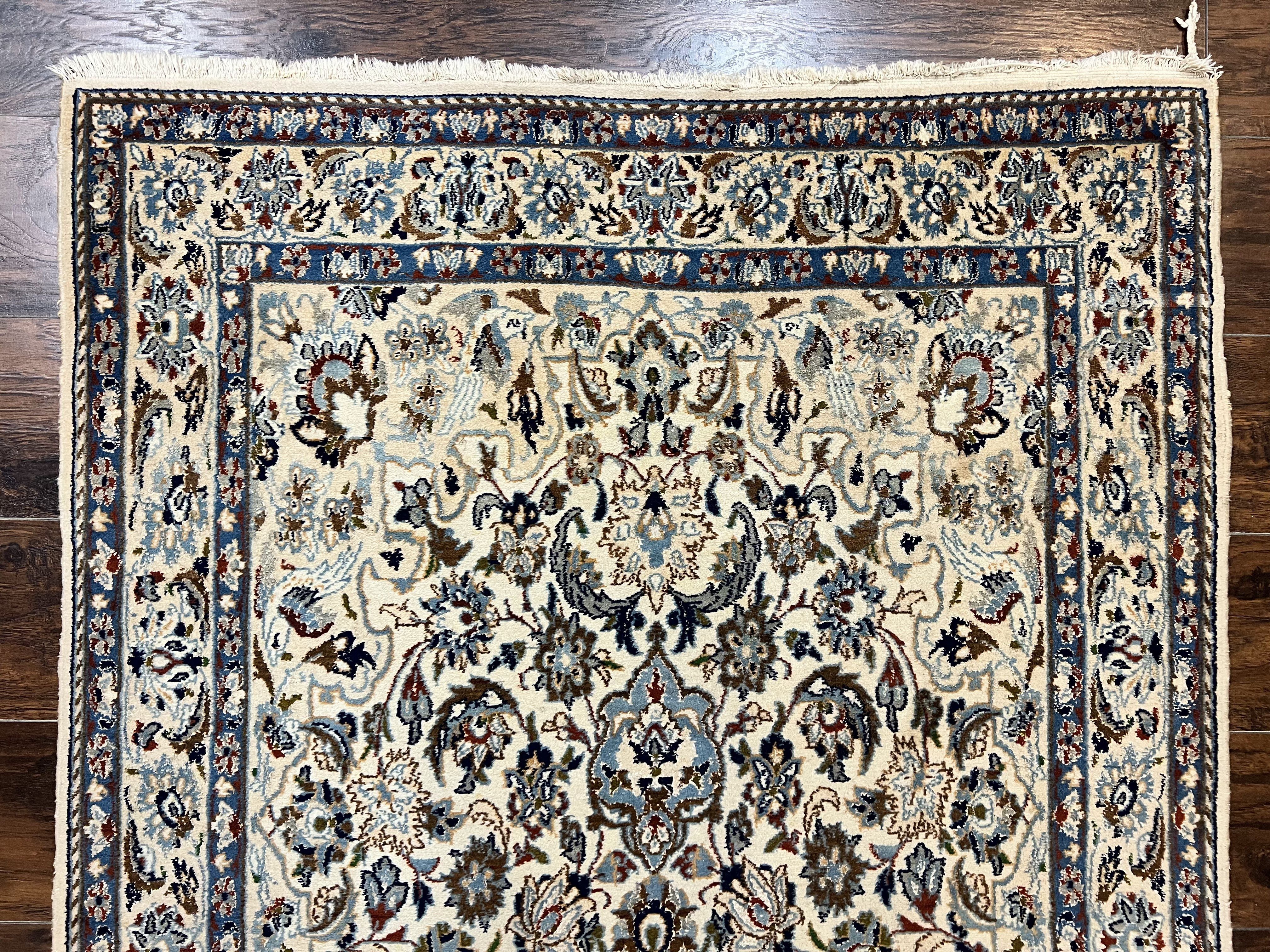 Persian Nain Rug 4x7, Floral Medallion Oriental Carpet 4 x 7 ft, Ivory Persian Rug, Handmade Hand Knotted Vintage, Wool & Silk Highlights, Birds - Jewel Rugs