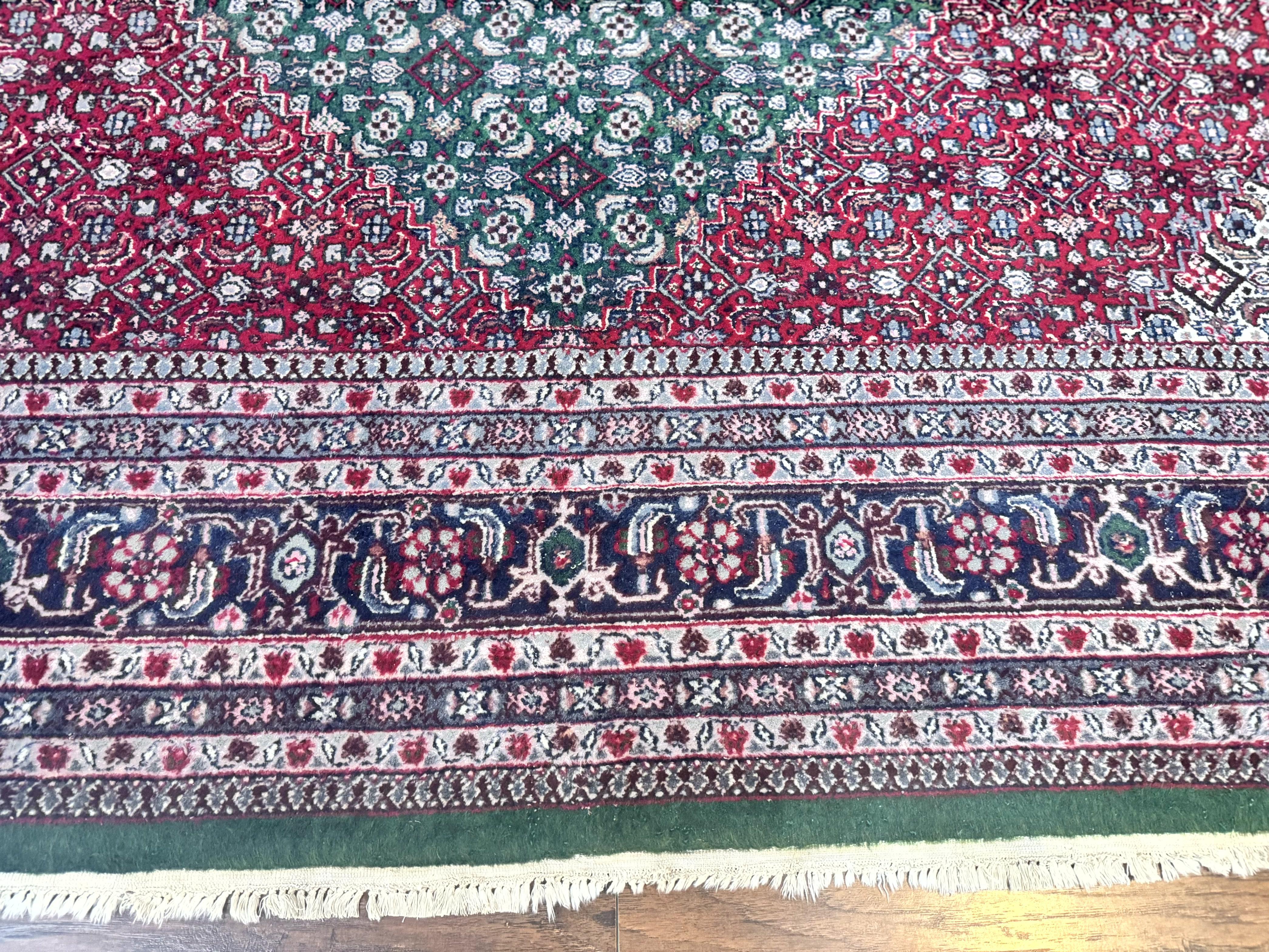 Indo Persian Bidjar Rug 8x11, Green and Red, Herati Pattern, Vintage Handmade Wool Oriental Carpet - Jewel Rugs