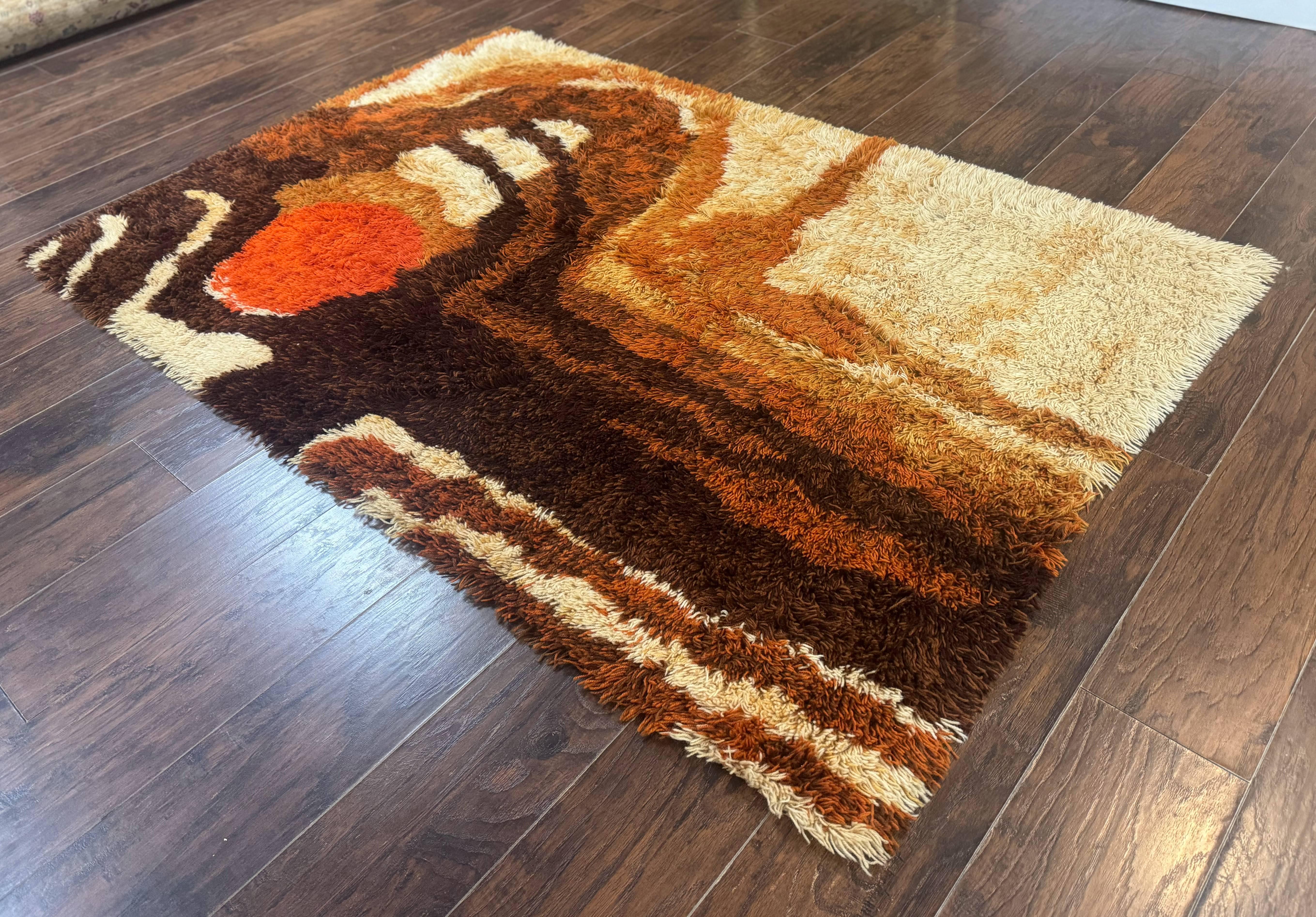 Danish Rya Shag Rug, Mid Century Modern Vintage Retro Abstract Carpet, 5x6, Shades of Brown Cream and Orange - Jewel Rugs