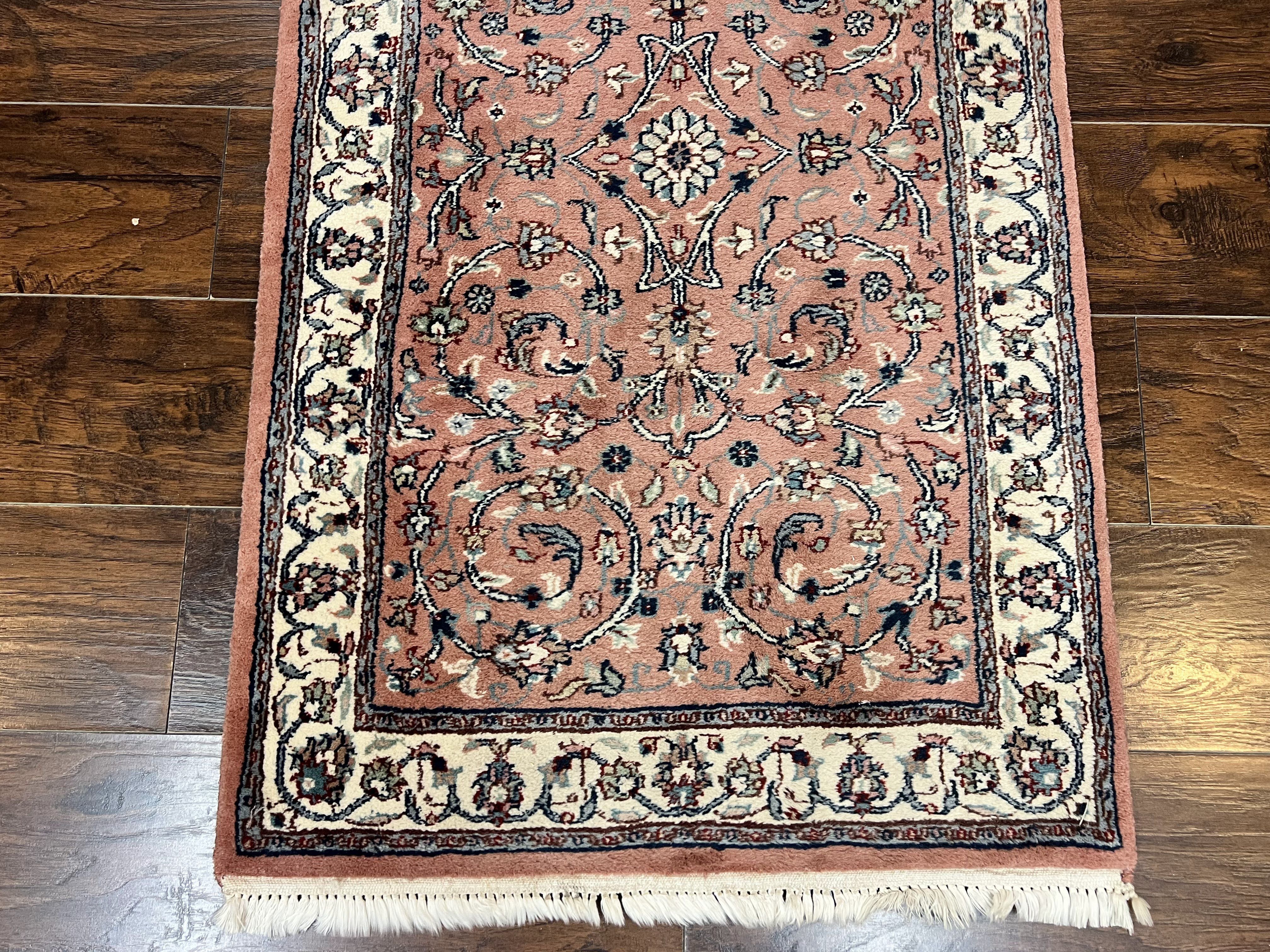 Indo Persian Runner Rug 2.6 x 10, Wool Hand Knotted Vintage Oriental Carpet, Pink & Ivory, Floral Allover, Hallway Rug - Jewel Rugs