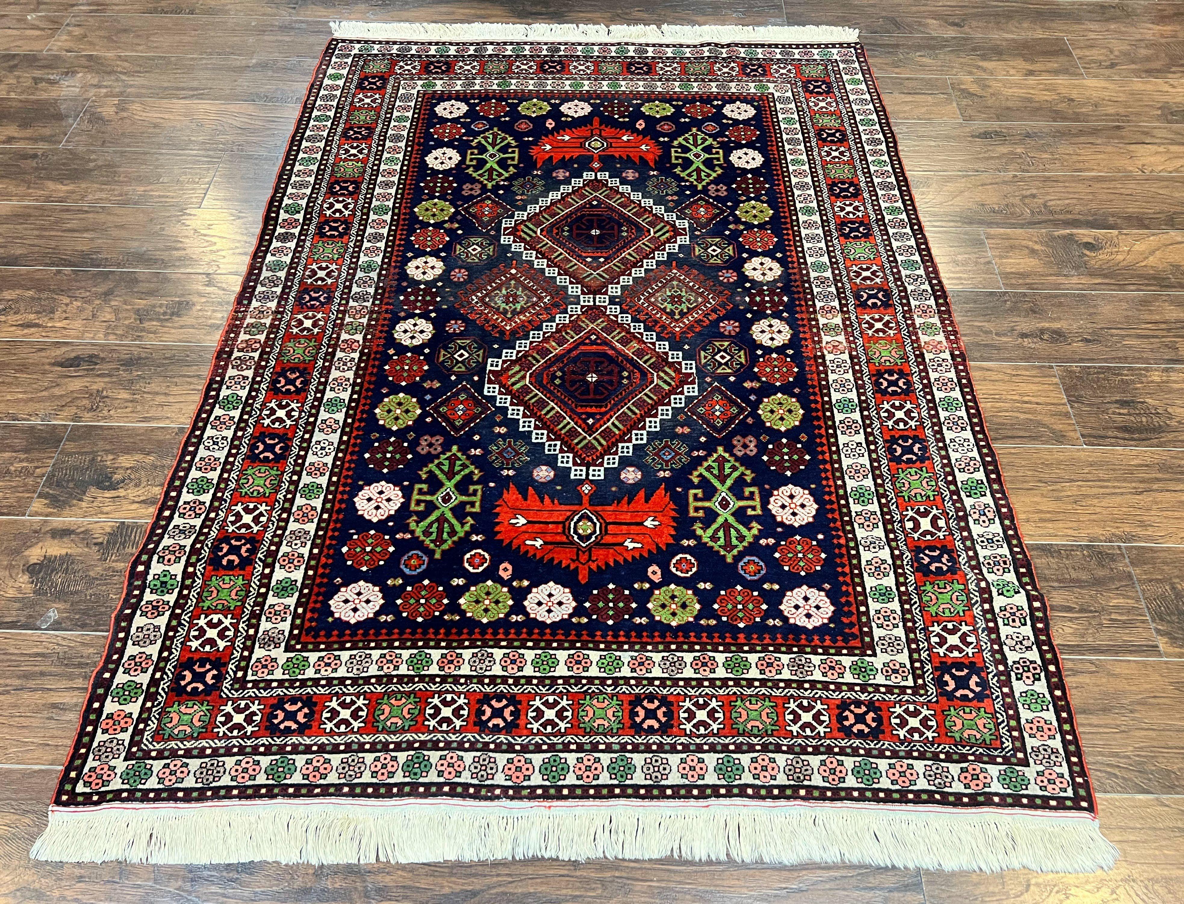 Persian Afshar Tribal Rug 5x6, Geometric Pattern, Navy Blue Multicolor Antique Vintage Persian Carpet, Hand Knotted Handmade Wool Rug - Jewel Rugs