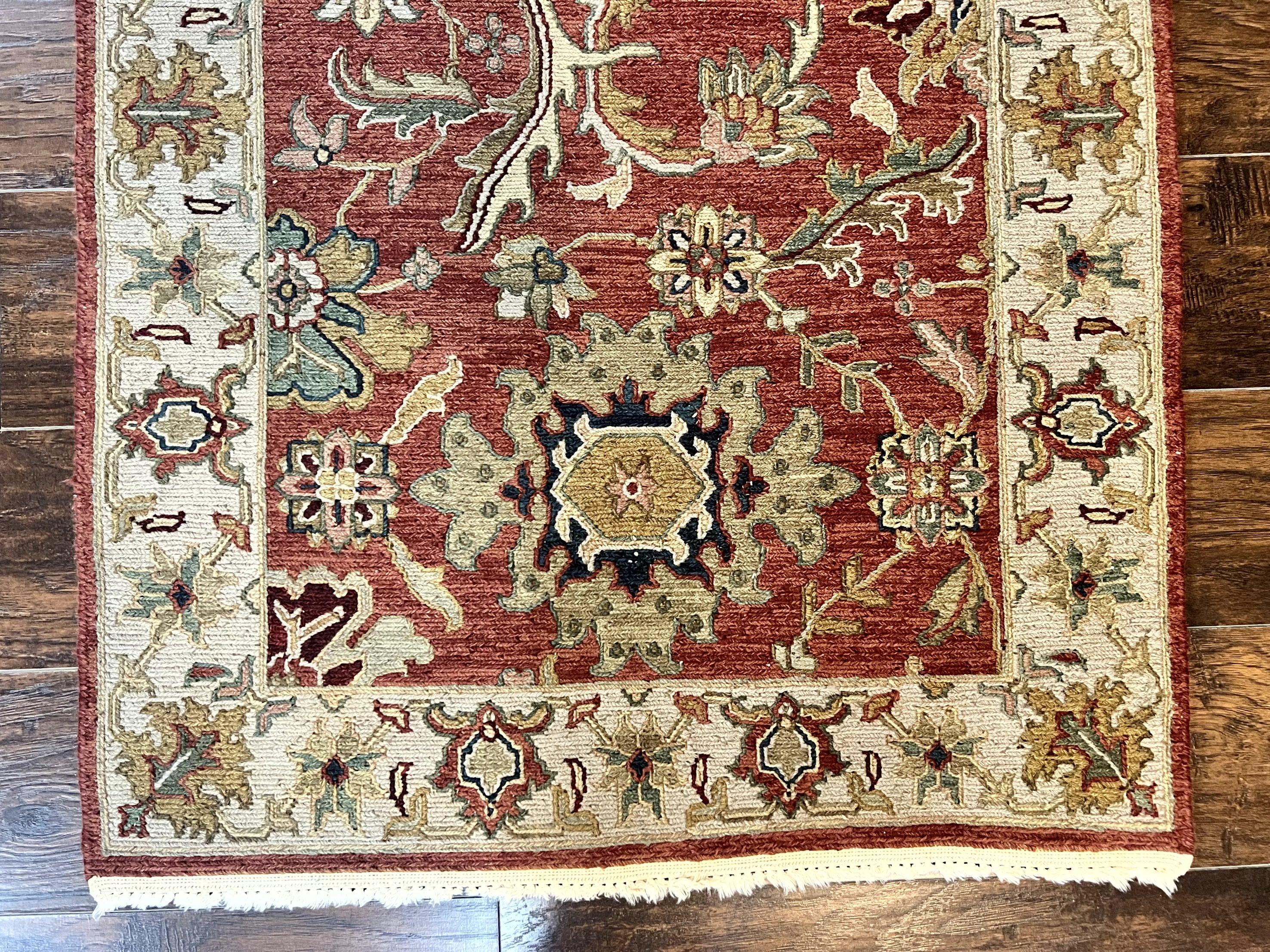 Turkish Flatweave Oushak Rug 3x5, Red and Tan, Floral, Handmade Vintage Wool Rug - Jewel Rugs