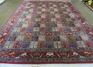 Wonderful Persian Bakhtiari Rug 8x11, Panel Design Animal Pictorials, Handmade Semi Antique Vintage Oriental Carpet, Multicolor Room Sized Wool & Silk