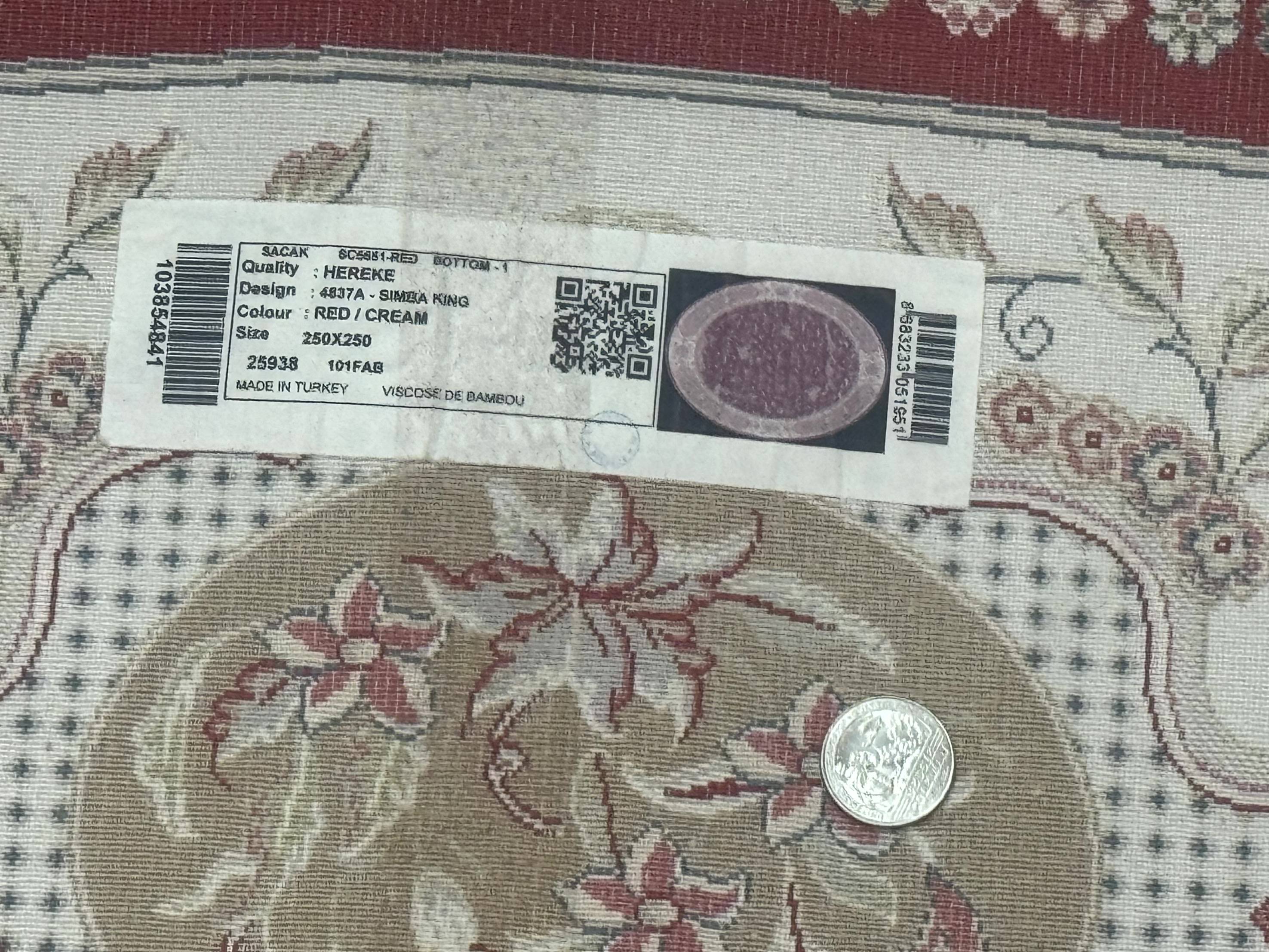 Large Round Turkish Silk Rug 8x8, Hunting Design, Dark Red & Ivory, Bamboo Silk - Jewel Rugs