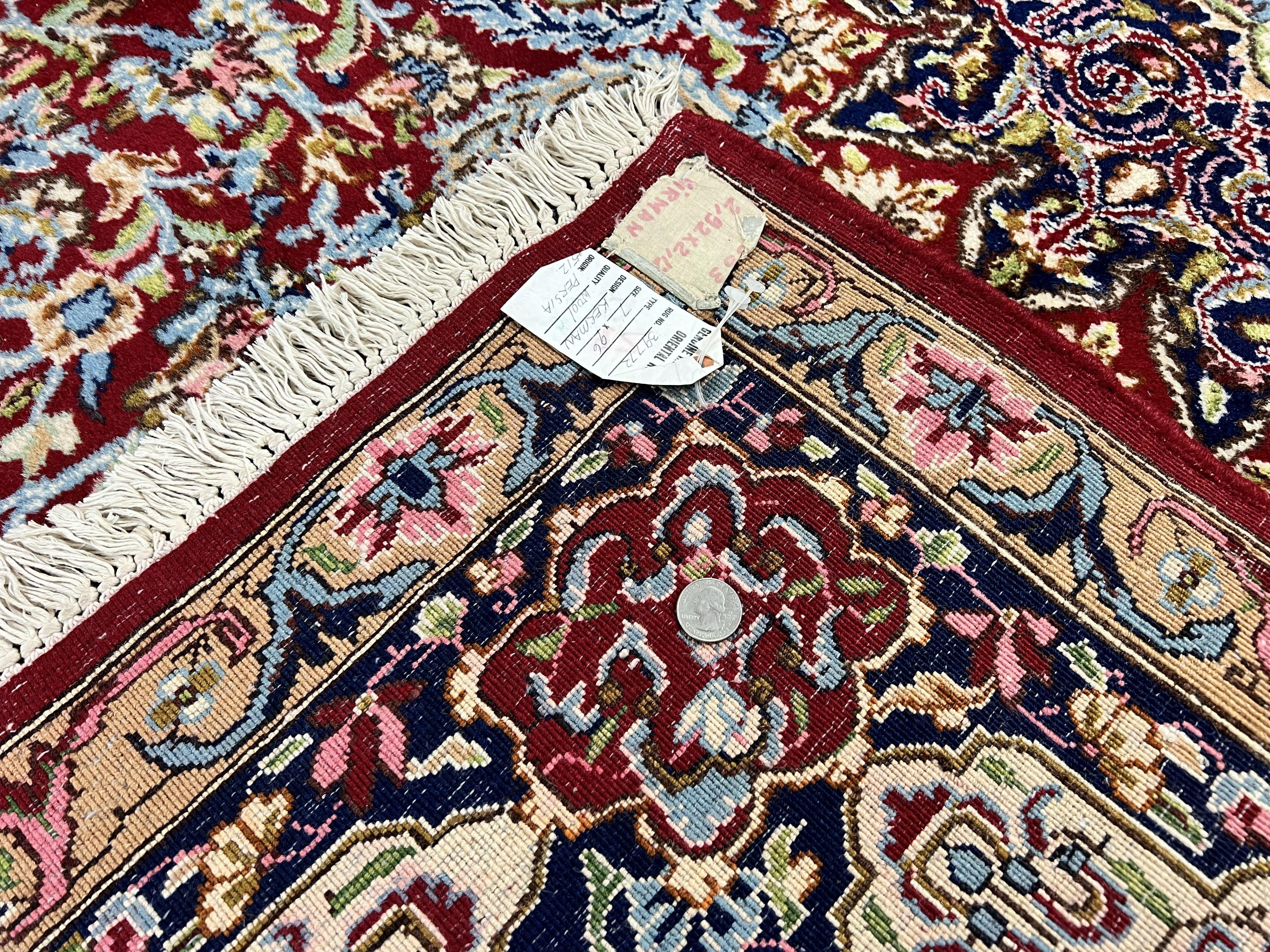 Persian Rug 7x10, Kirman Oriental Carpet 7 x 10 ft, Hand Knotted Wool Floral Medallion Semi Antique Persian Rug, Dark Red Light Blue Vintage - Jewel Rugs