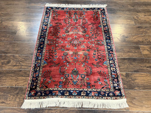 Persian Sarouk Rug 3x5, Antique Persian Carpet, Red and Navy Blue, Hand Knotted Handmade Floral Wool 1920s Fine Oriental Rug