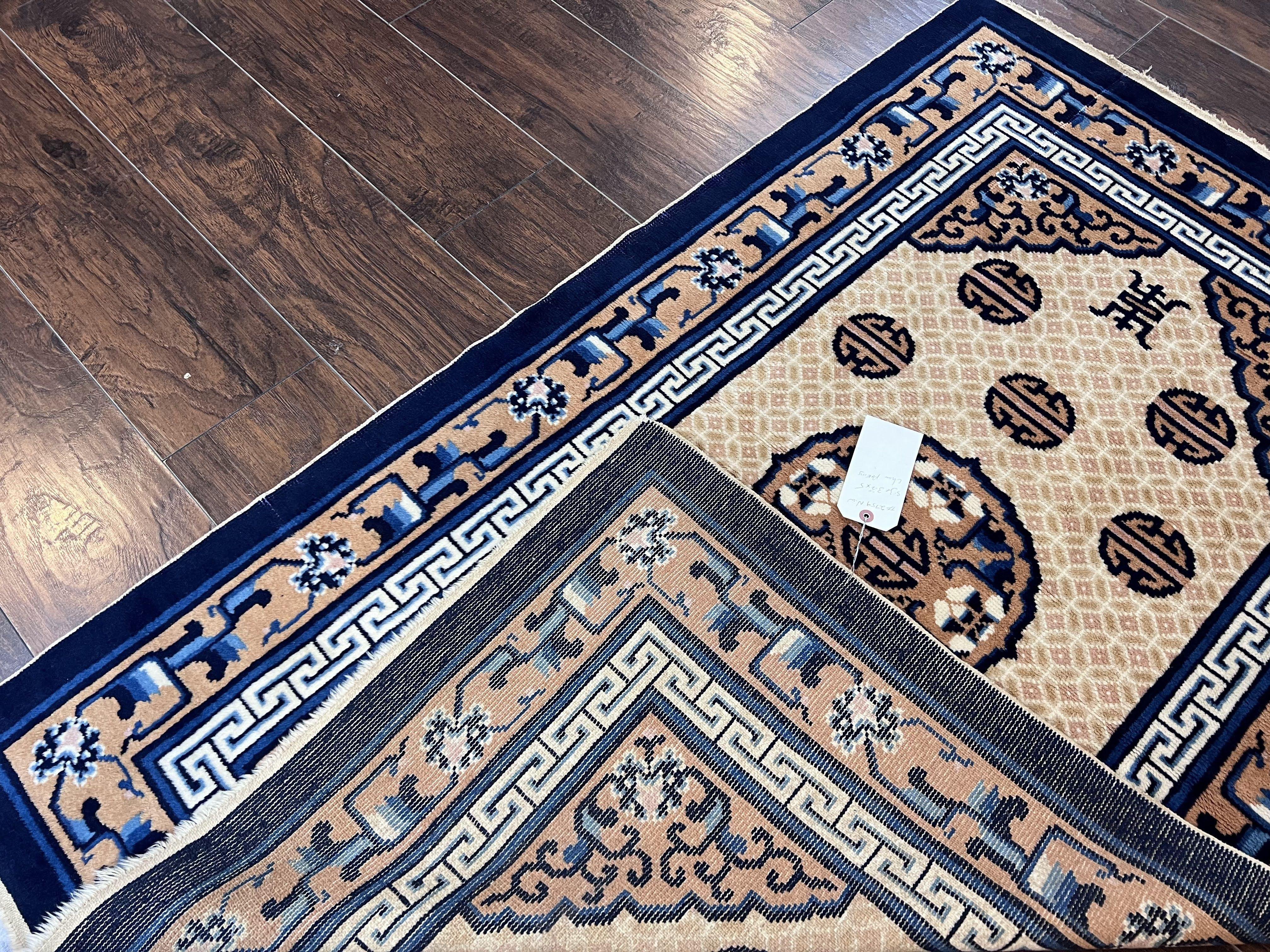 Chinese Peking Rug 3x5, Antique Chinese Art Deco Carpet, Blue Ivory Tan, Hand Knotted Wool Asian Oriental Rug 3 x 5 Vintage Small Peking Rug - Jewel Rugs