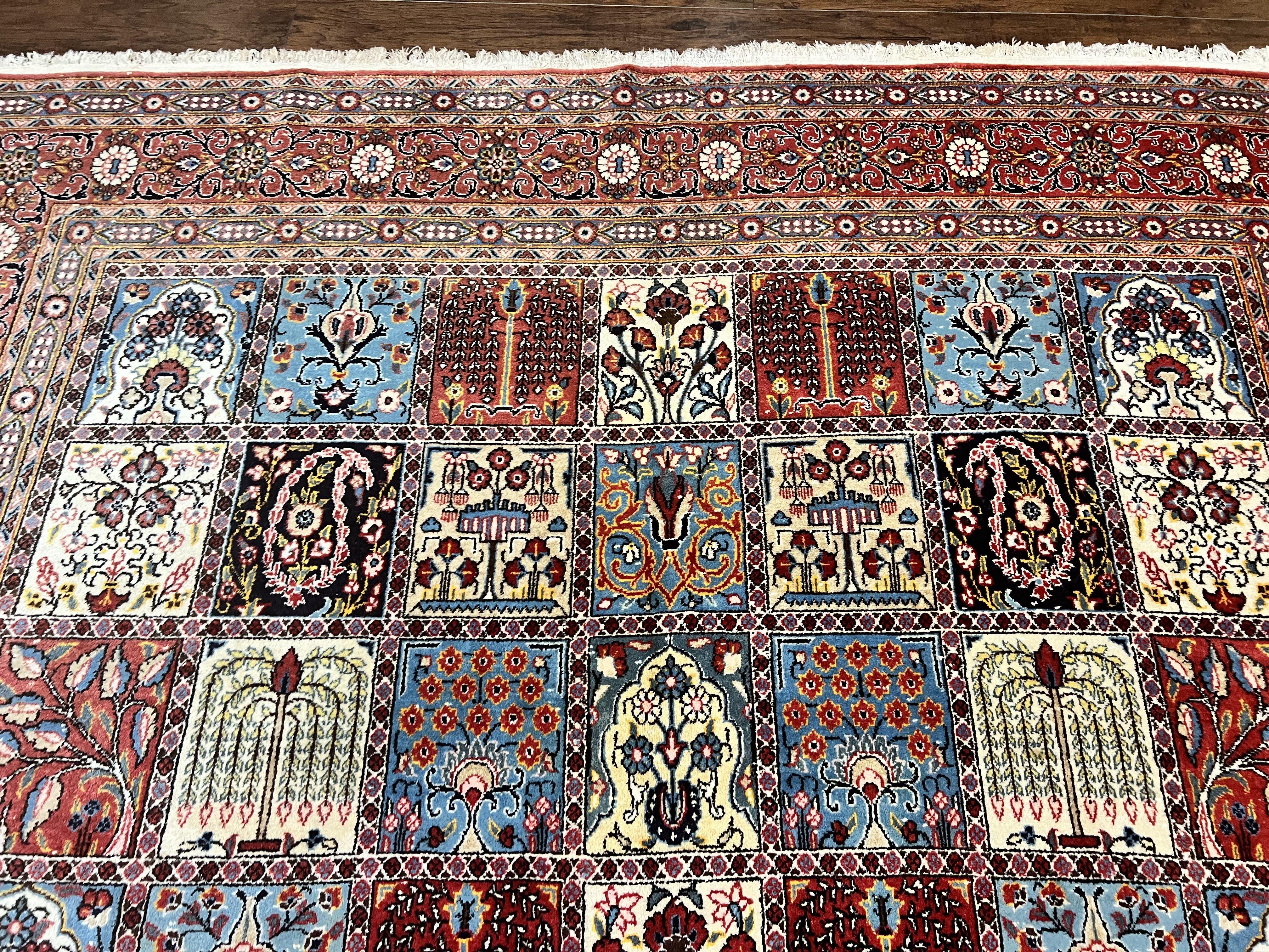 Persian Qum Rug 9x13, Multicolor Panel Design, Red Blue Cream, Hand Knotted Vintage Large Wool Rug - Jewel Rugs