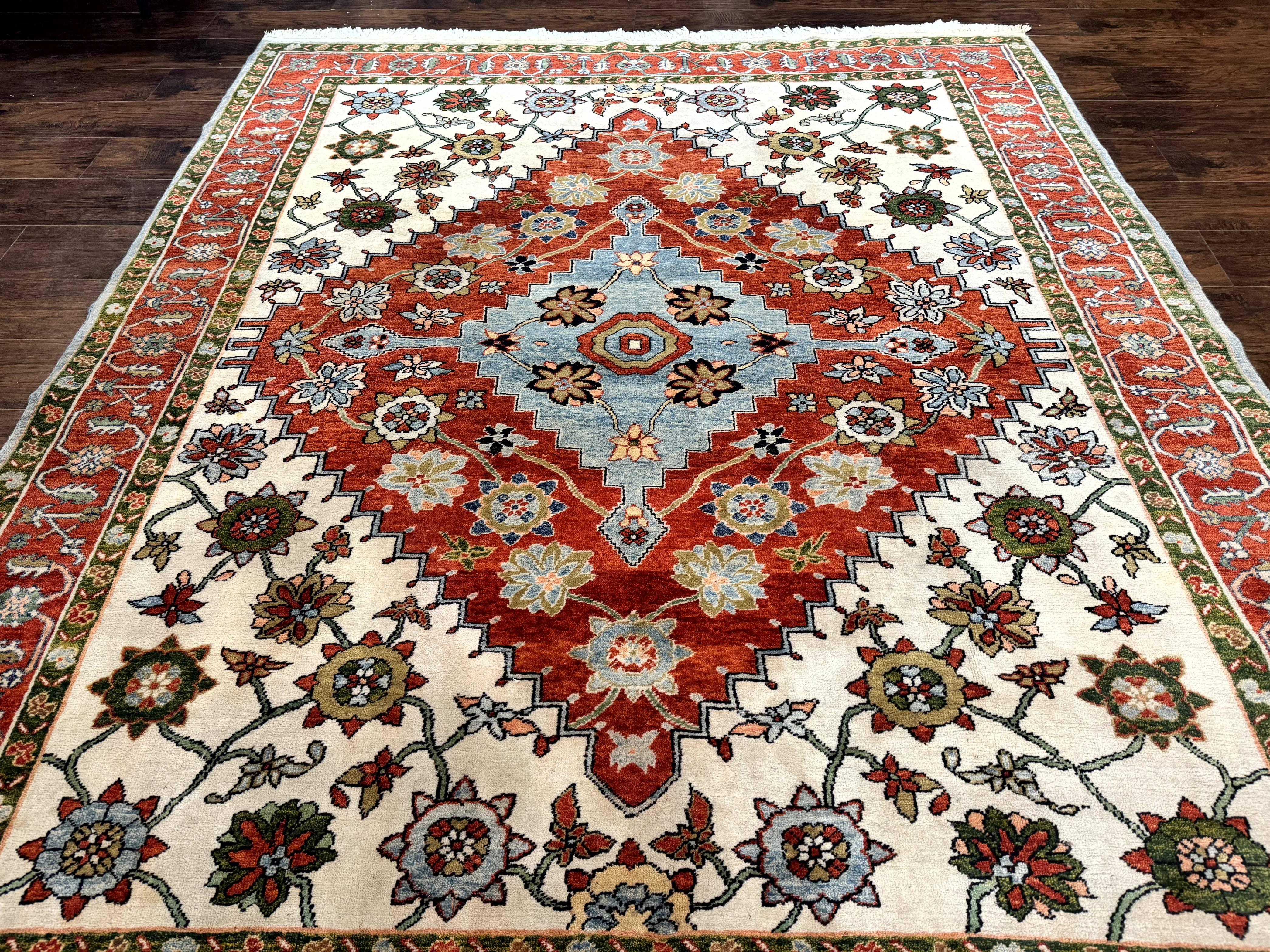Indo Persian Heriz Rug 7x9, Geometric Pattern, Cream & Light Red, Handmade Vintage Wool Carpet - Jewel Rugs