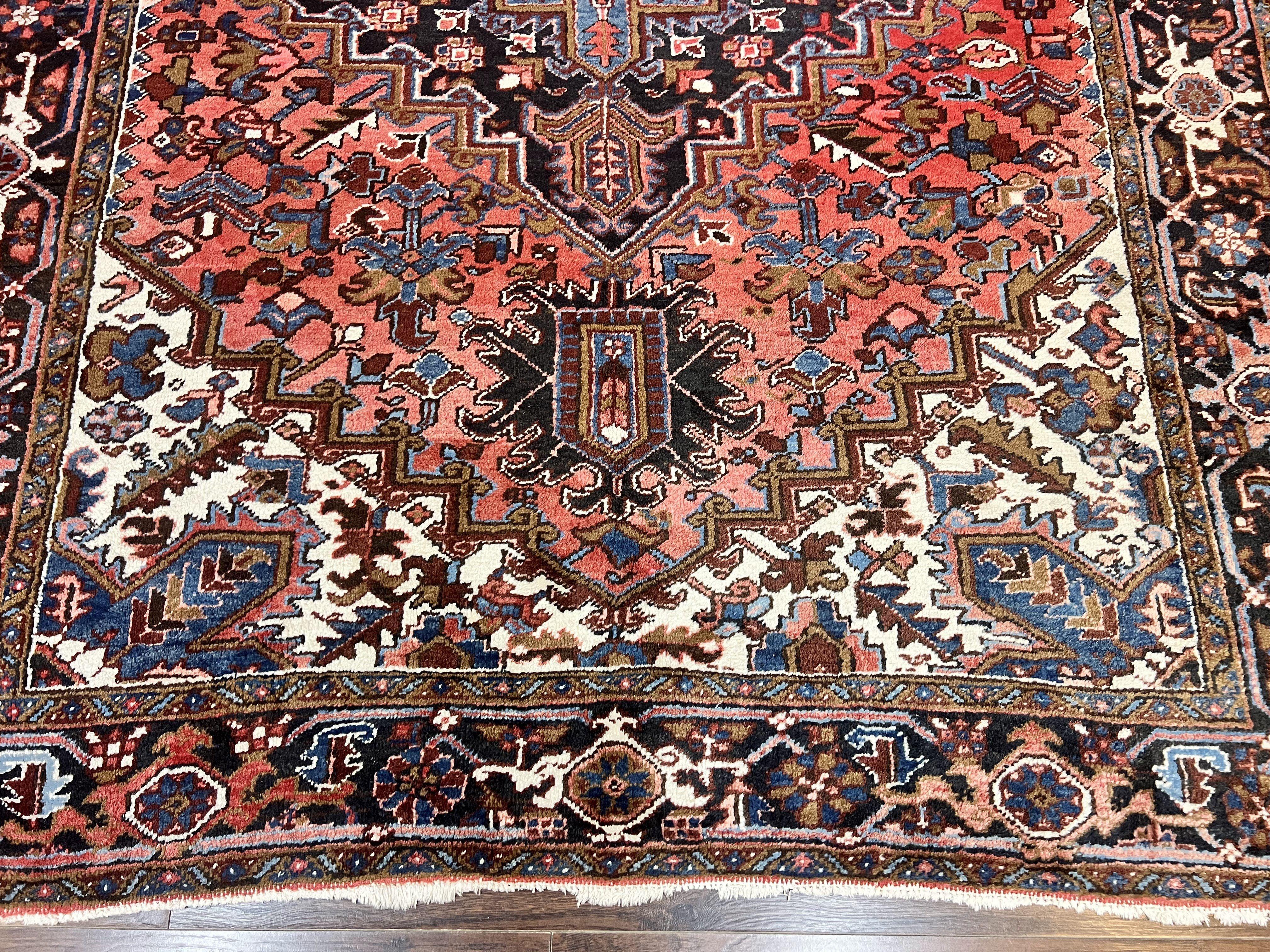 Persian Heriz Rug 7x10, Wool Hand Knotted Vintage Geometric Carpet, Red and Ivory, 7 x 10 Oriental Rug - Jewel Rugs