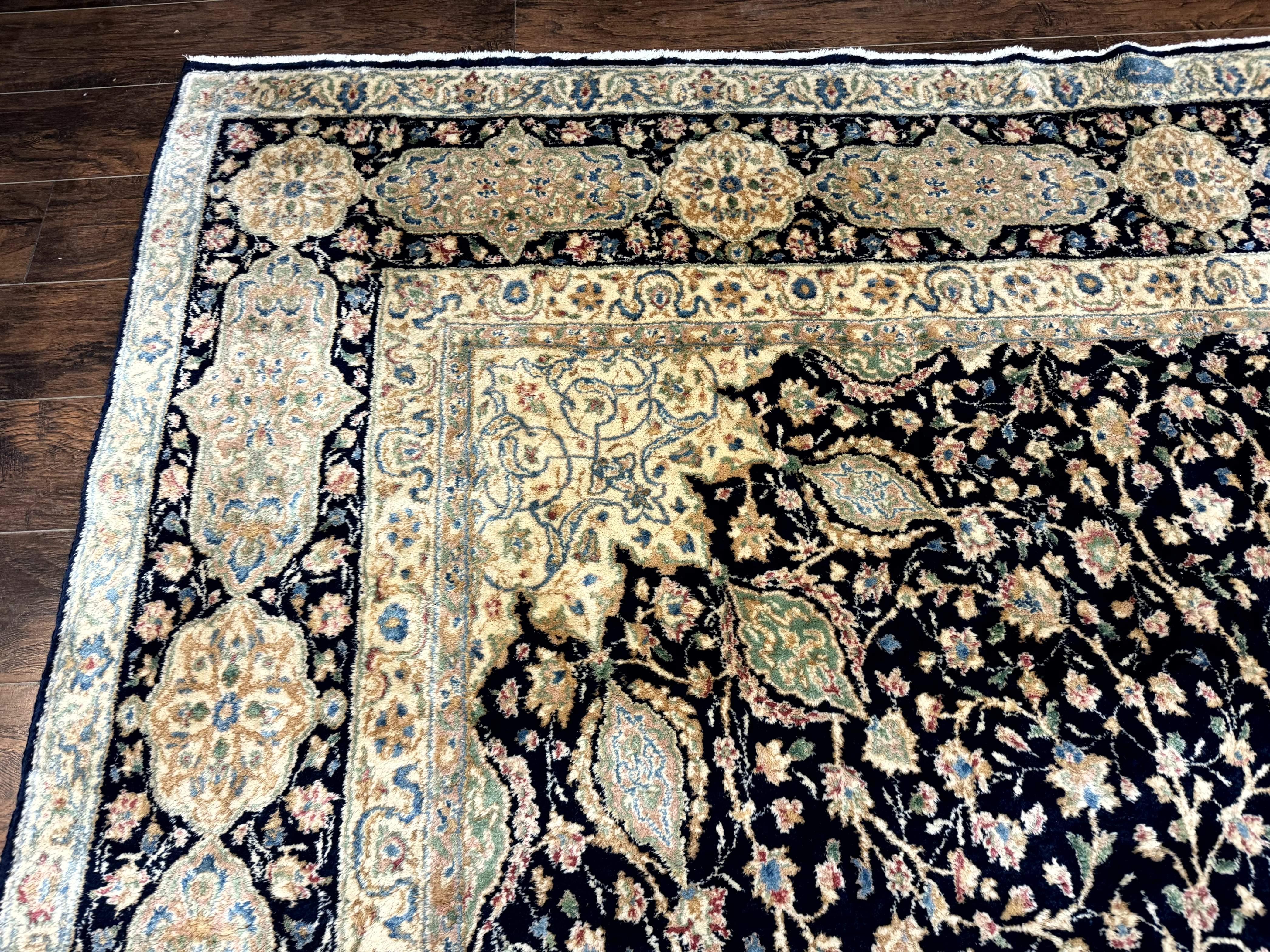 Large Persian Kerman Rug 10x14, Navy Blue and Beige, Floral Medallion, Traditional Elegant Persian Carpet, Signed by Masterweaver - Jewel Rugs