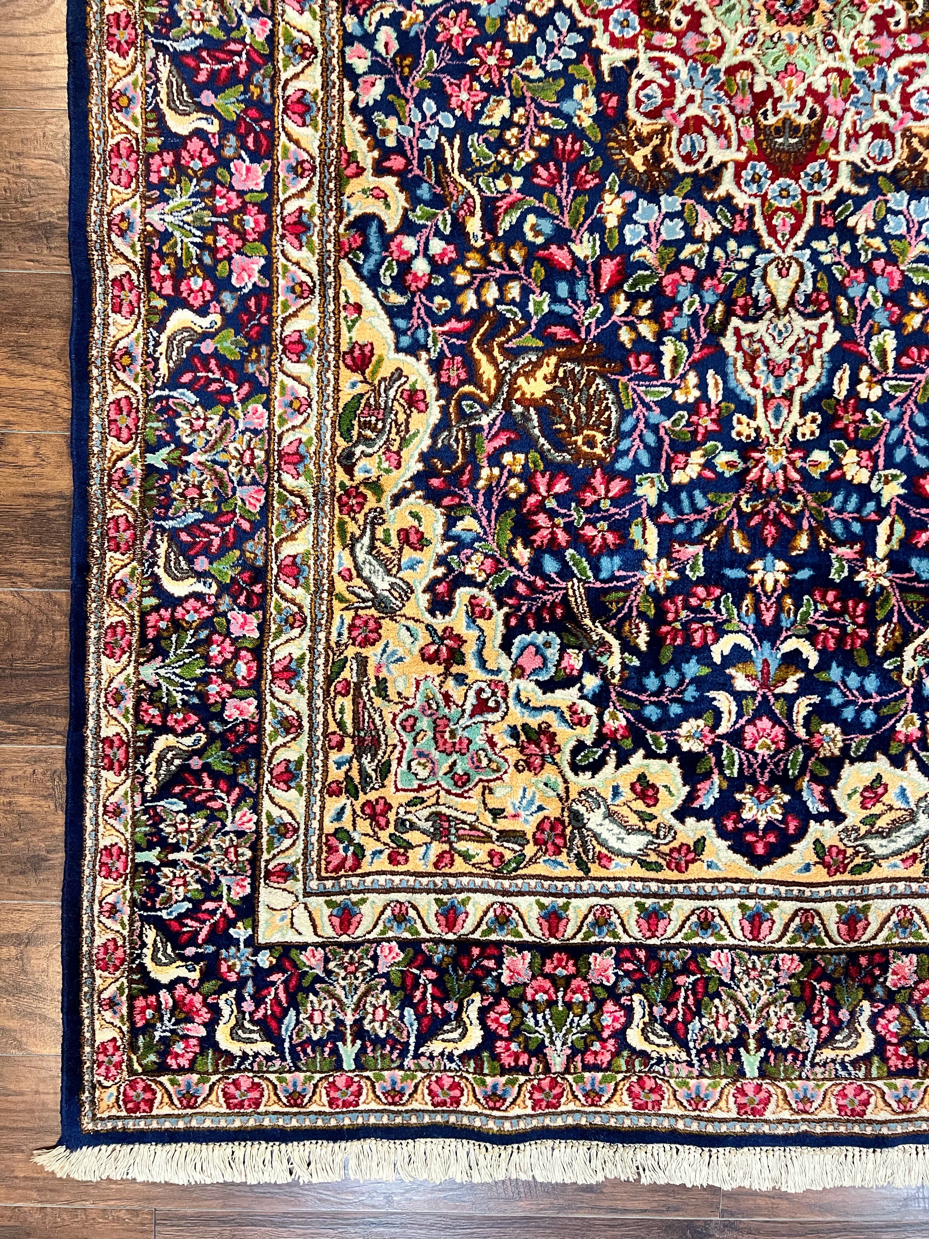 Persian Kirman Rug 6x9, Floral Medallion Vintage Wool Handmade Carpet 6 x 9, Animal Pictorials Birds, Semi Antique, Navy Blue, Millefleur - Jewel Rugs