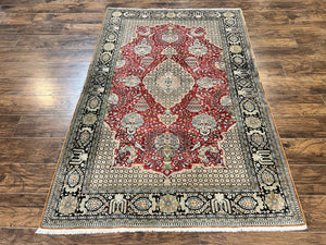 Wonderful Persian Silk Rug 5x7, Birds Floral Vases, Red, Hand Knotted Silk Fine Oriental Carpet, Handmade Vintage, Persian Qum Rug, 400 KPSI