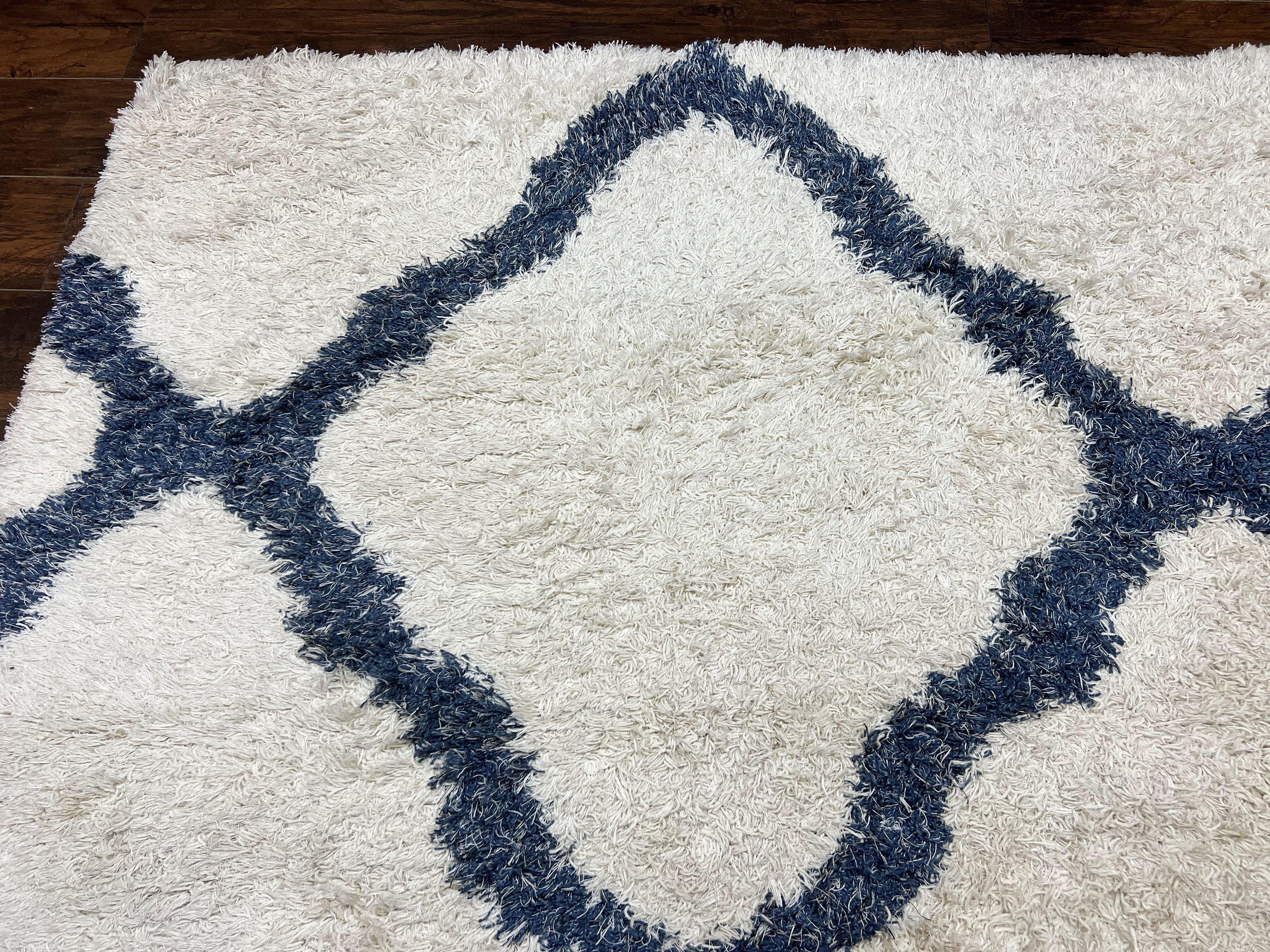Modern Shag Rug 9x12, Ivory and Dark Blue, Diamond Pattern, Soft, Room Sized, Contemporary Rug, Plush - Jewel Rugs