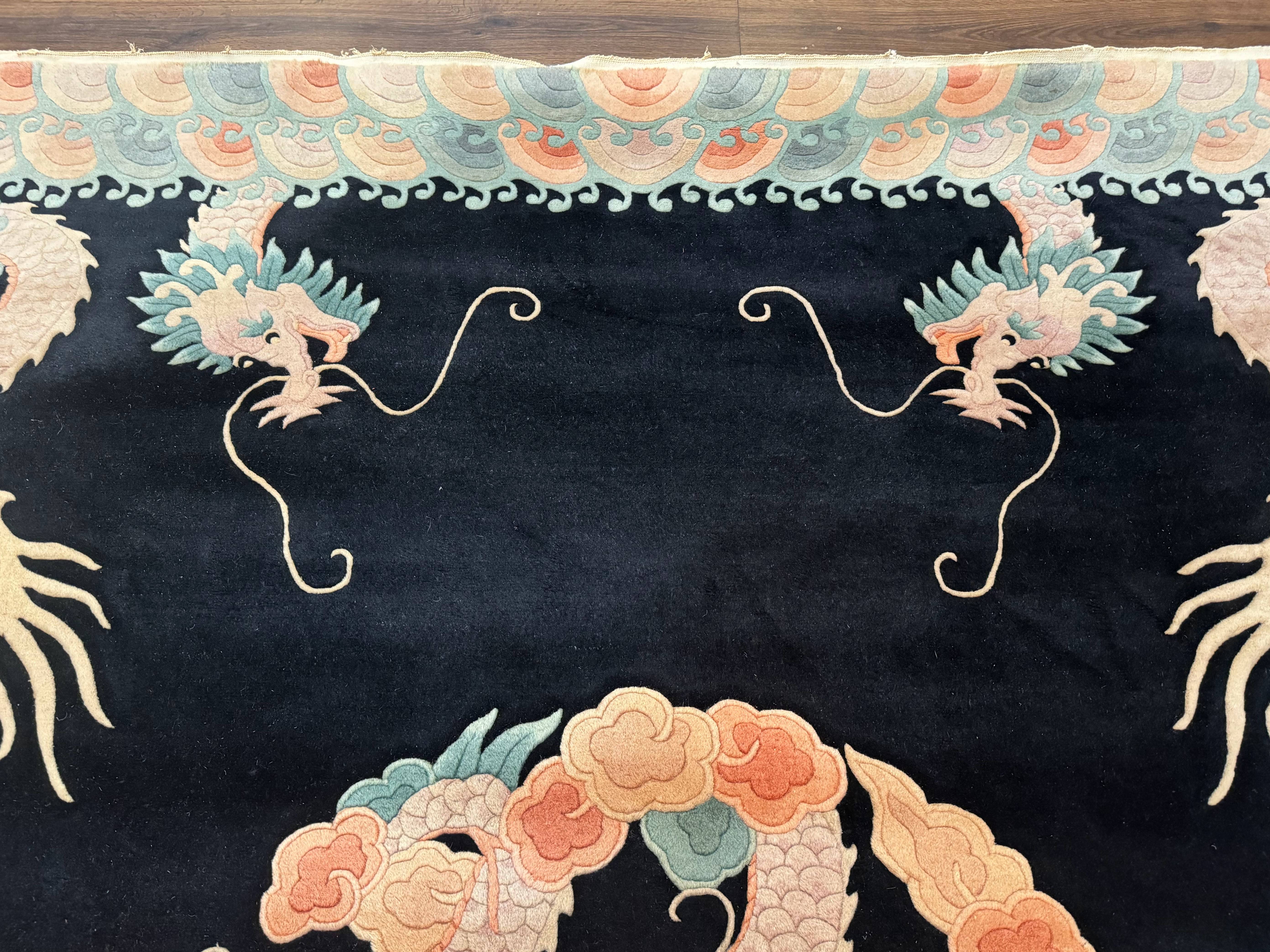 Black Chinese Wool Rug 8x10 with Dragons, Rainbow Borders, Rare - Jewel Rugs