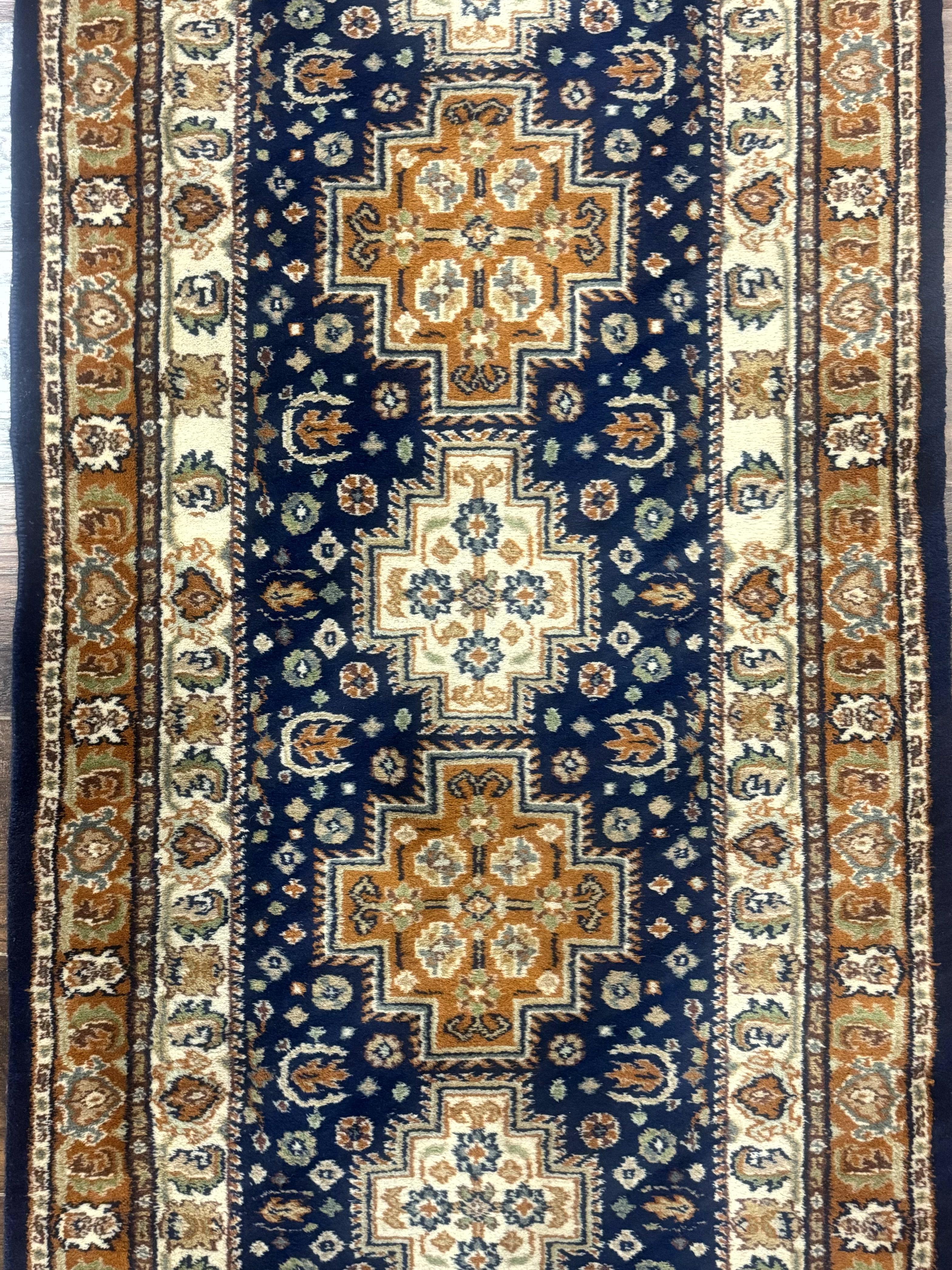 Indo Persian Runner Rug 2.6 x 12.7, Indian Kashmiri Runner for Hallway or Kitchen, Navy Blue, Geometric Medallions, Handmade Wool - Jewel Rugs