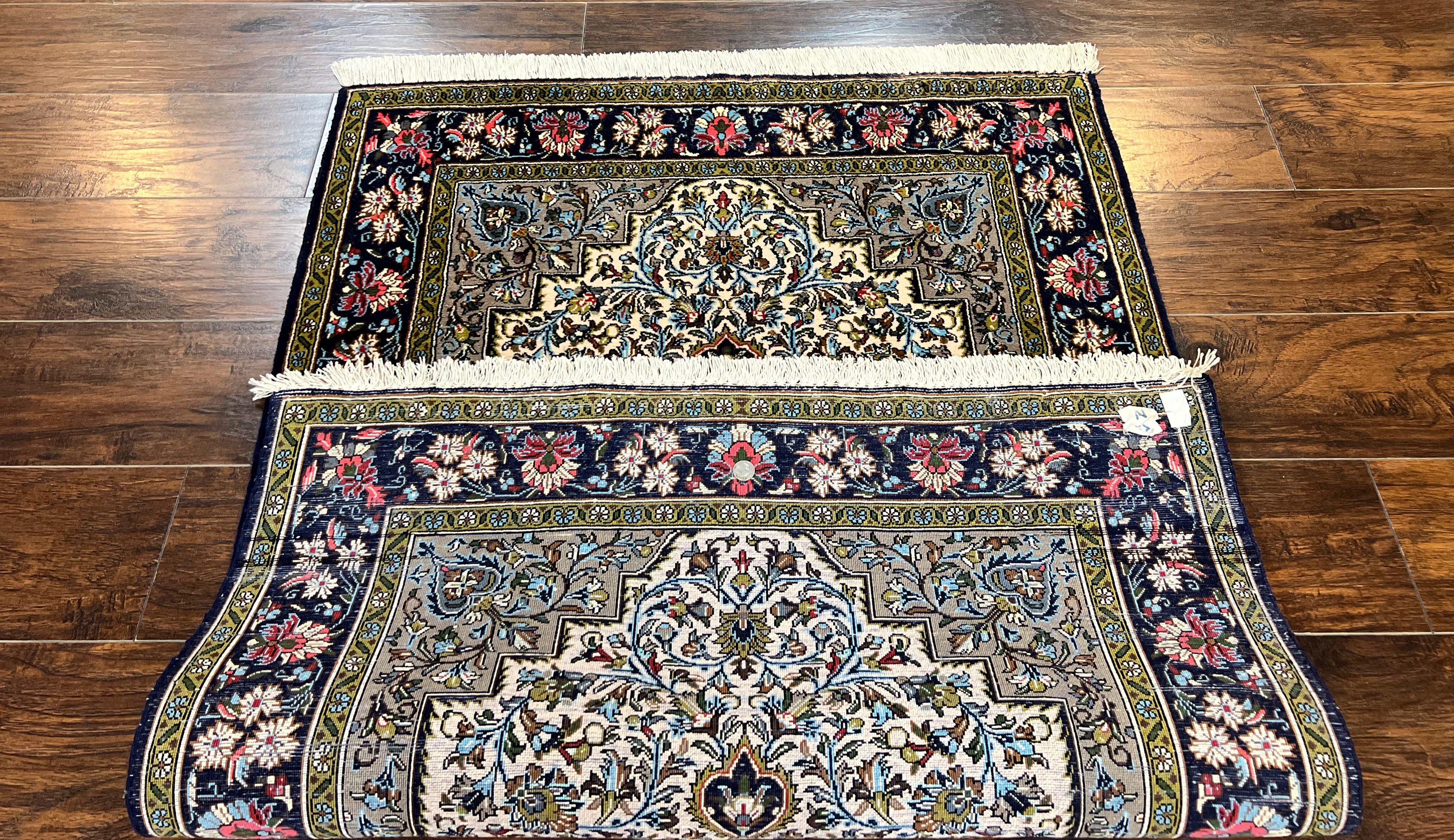 Persian Qum Rug 3x5, Wool with Silk Highlights, Handmade Semi Antique Carpet, Ivory & Navy Blue, Floral Medallion, Finely Hand Knotted - Jewel Rugs