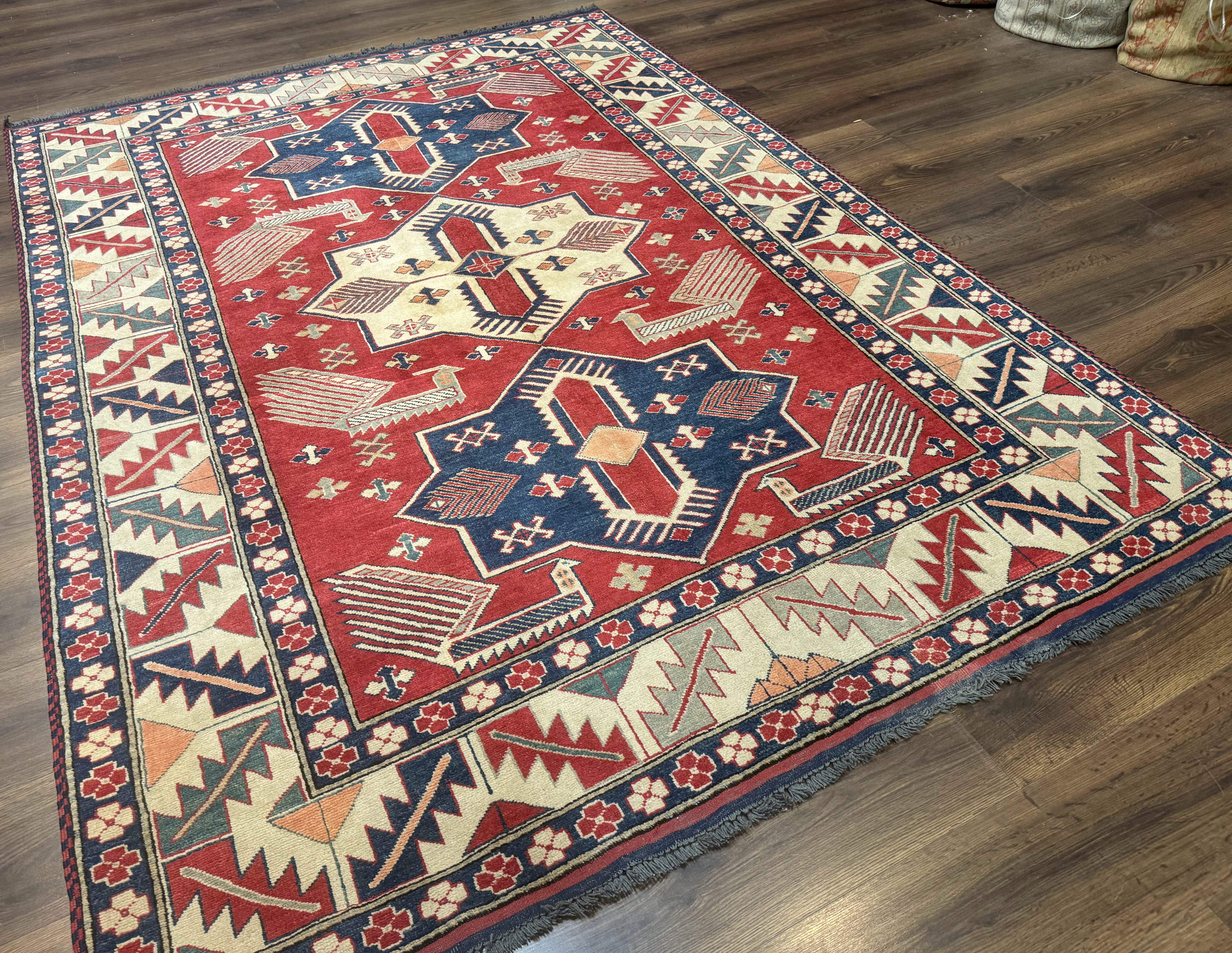 Turkish Kazak Rug 6x8, Caucasian Design, Geometric Medallions, Red Blue Beige - Jewel Rugs