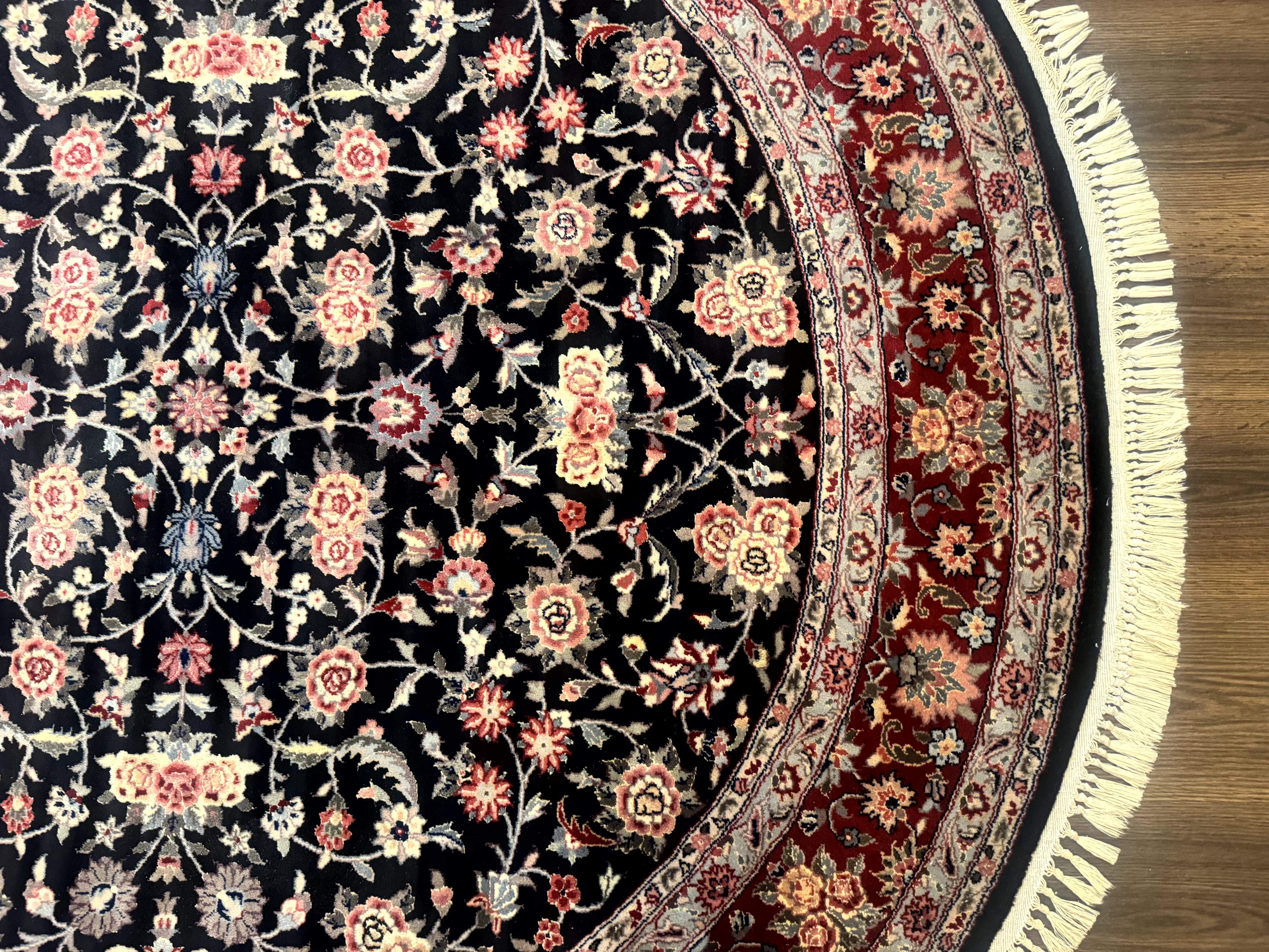 Round Sino Persian Rug 6x6, Floral, Navy Blue and Red, Wool and Silk Highlights - Jewel Rugs