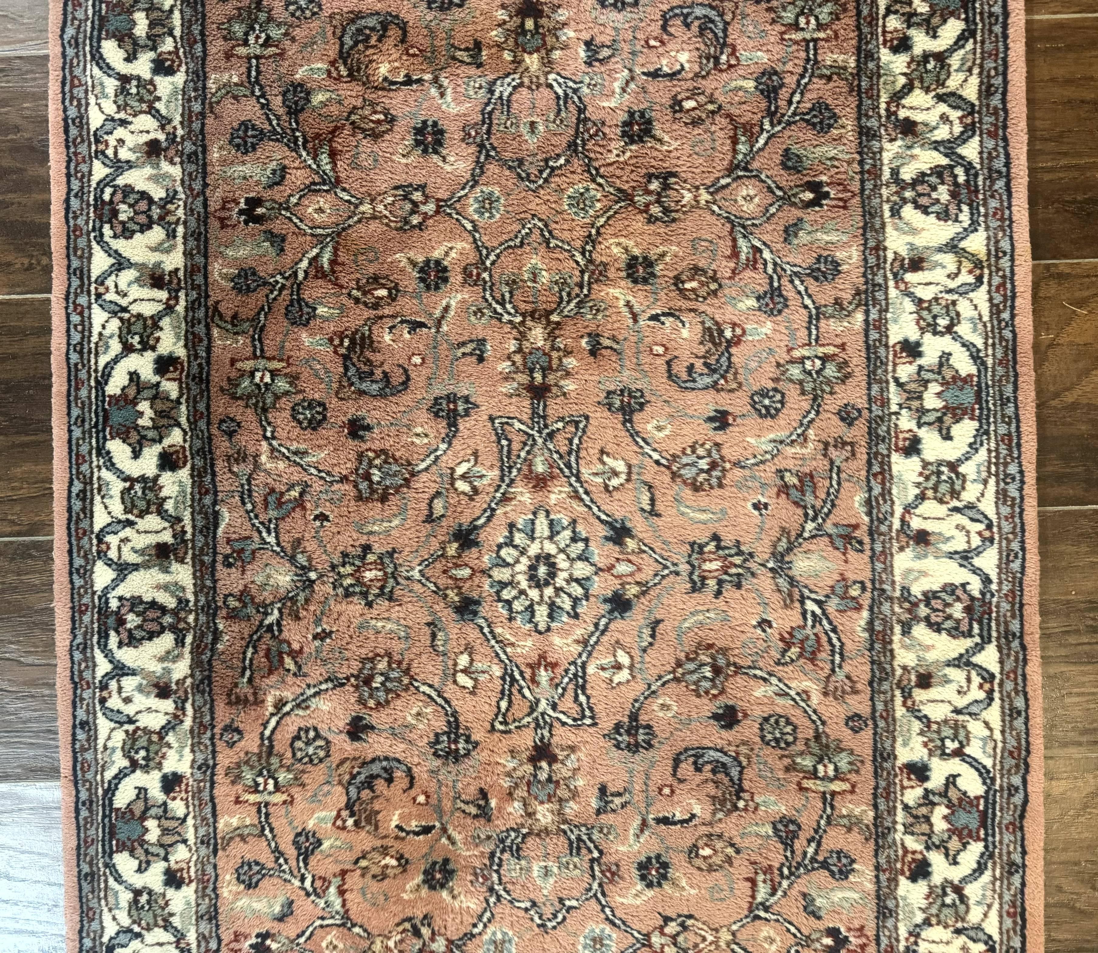 Indo Persian Runner Rug 2.6 x 10, Coral and Cream, Hand Knotted 10ft Wool Oriental Runner for Hallway or Kitchen - Jewel Rugs