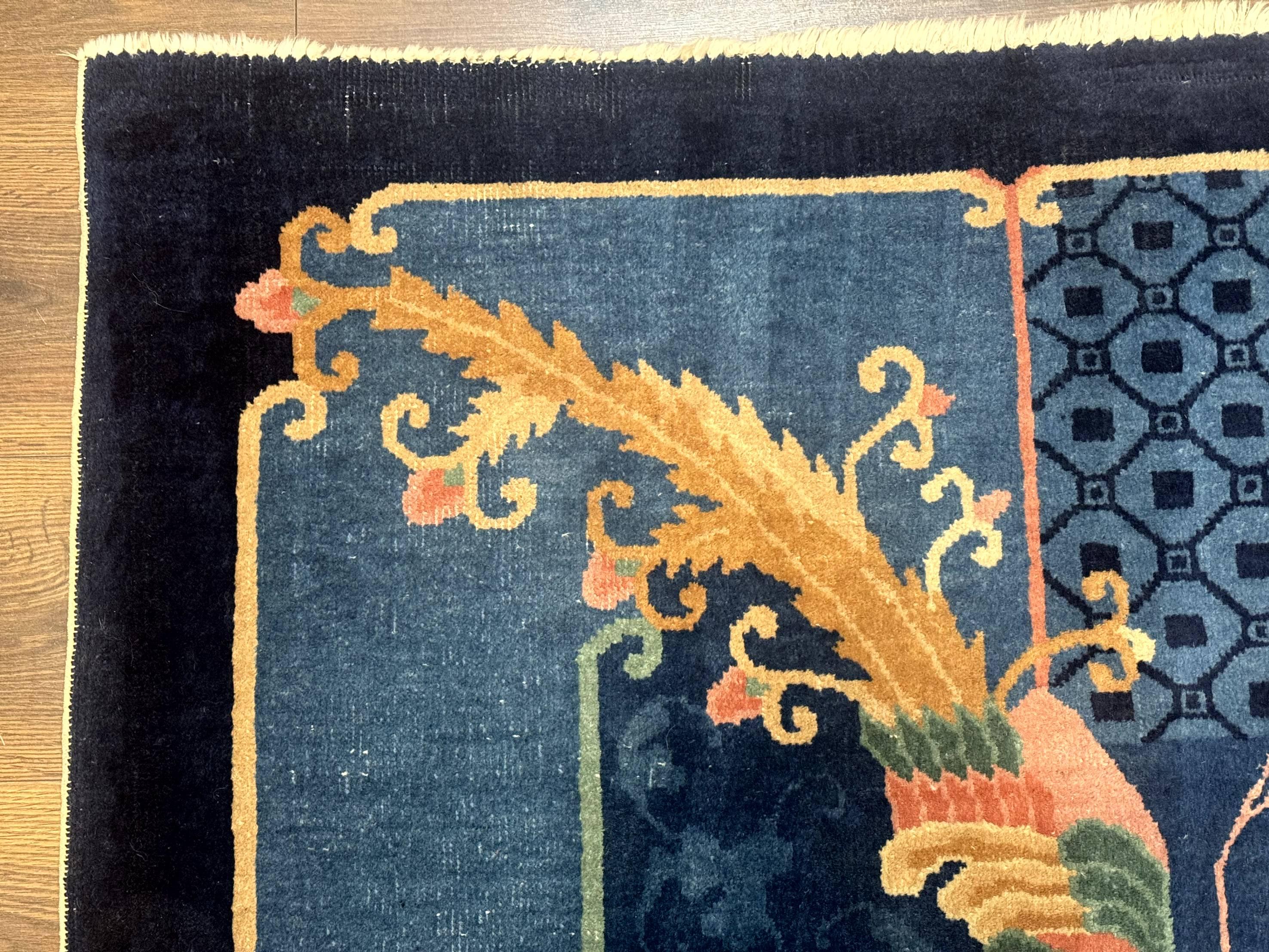 Blue Chinese Wool Rug 6x9, Chinese Peking Rug, Peacocks and Vases, Vintage Carpet - Jewel Rugs