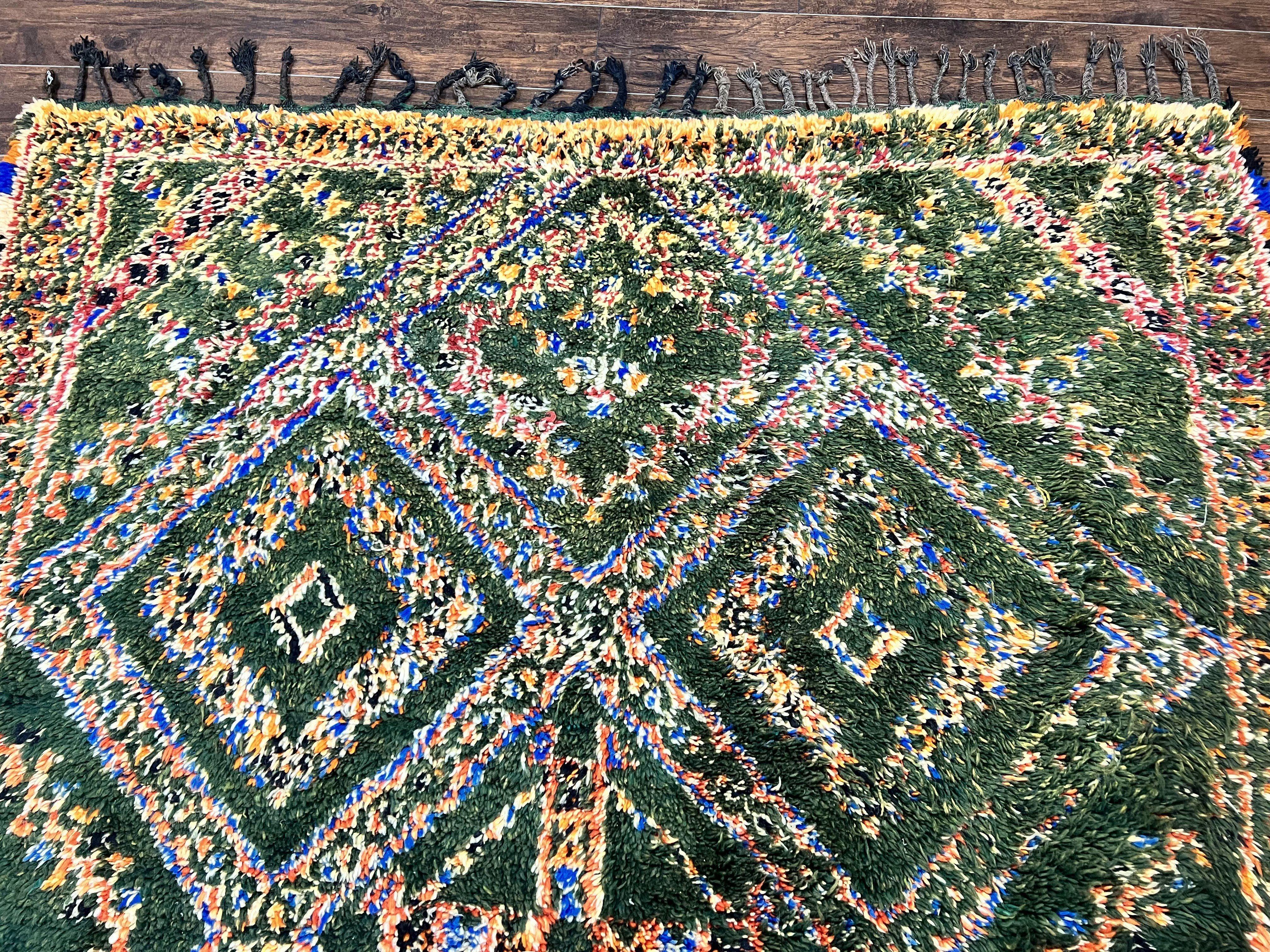 Large Moroccan Shag Rug 6x12, Green Multicolor Colorful Boho Rug, Handmade Hand Knotted Wool Carpet, Geometric Design, Vintage Rug - Jewel Rugs