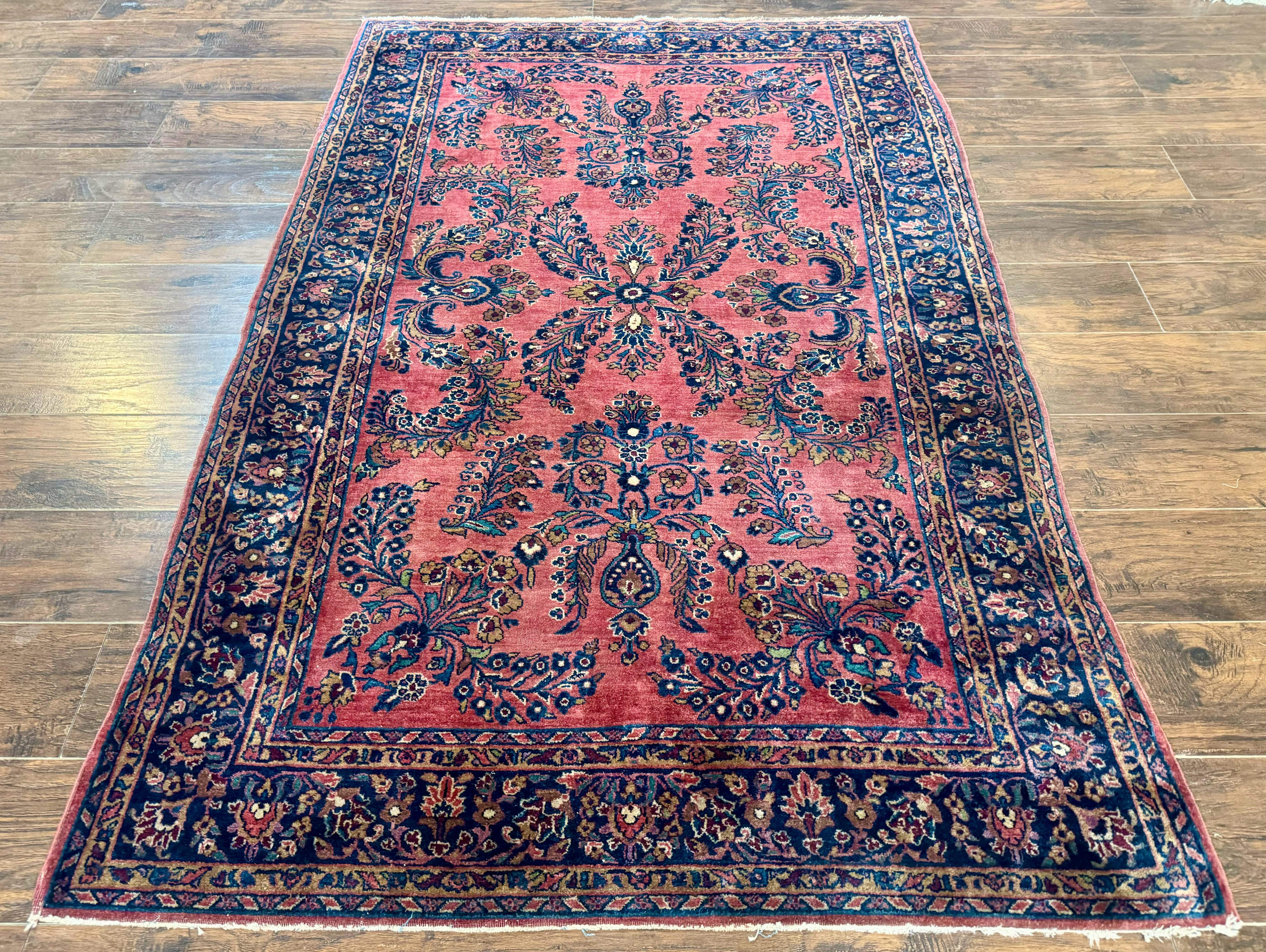 Persian Mohajeran Sarouk Rug 5x7 – Light Red and Navy, Handmade Wool, Antique Carpet, Fine 200 KPSI - Jewel Rugs