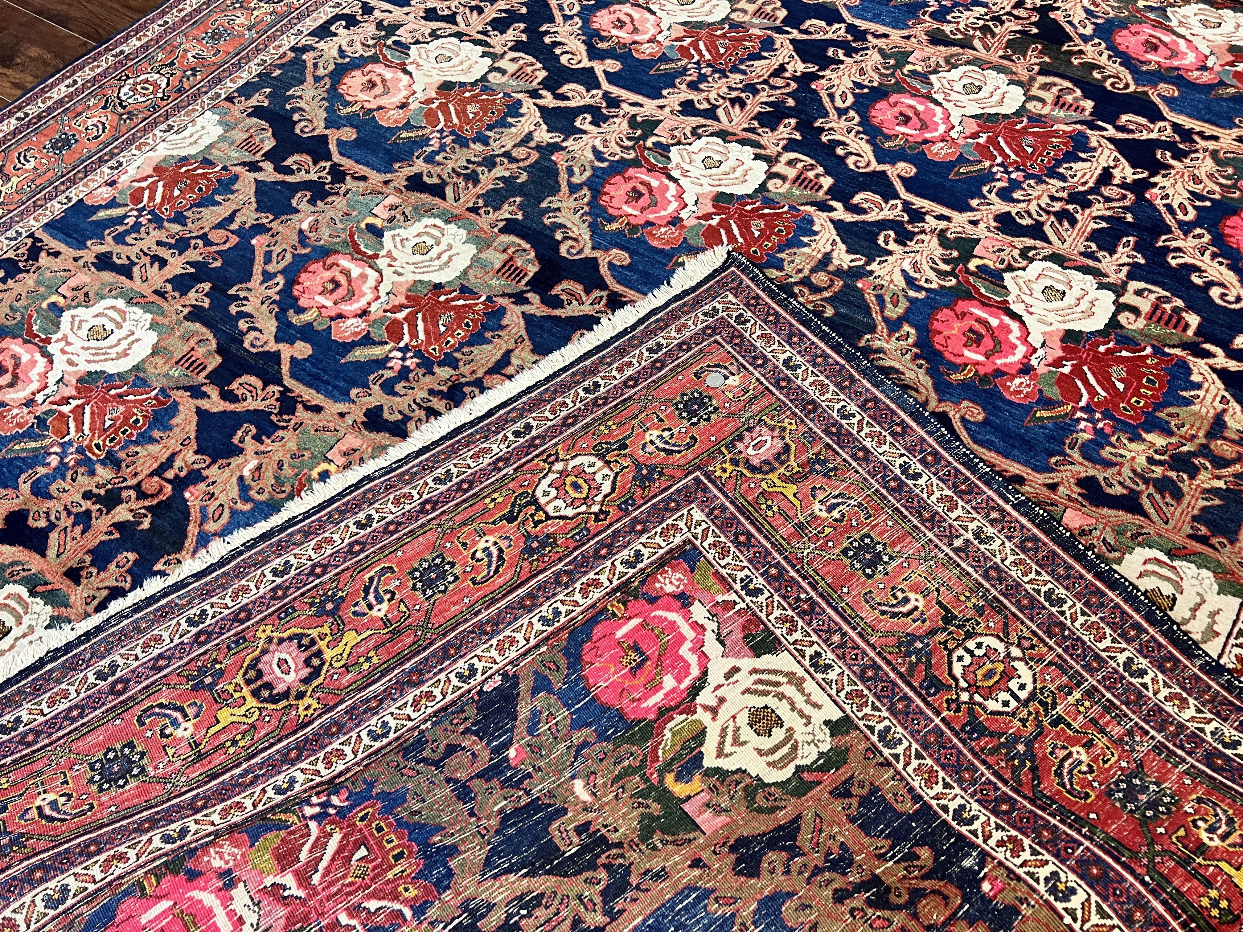 Persian Bidjar Rug 8x11, Floral Bouquets, Blue Black Red Pink, Handmade Hand Knotted Vintage Semi Antique Oriental Carpet - Jewel Rugs
