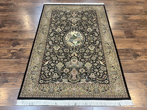 Pak Persian Rug 4x6, Wool Hand Knotted Vintage Carpet, Black & Olive Green, Bird Pictorials, Floral Fine Oriental Rug