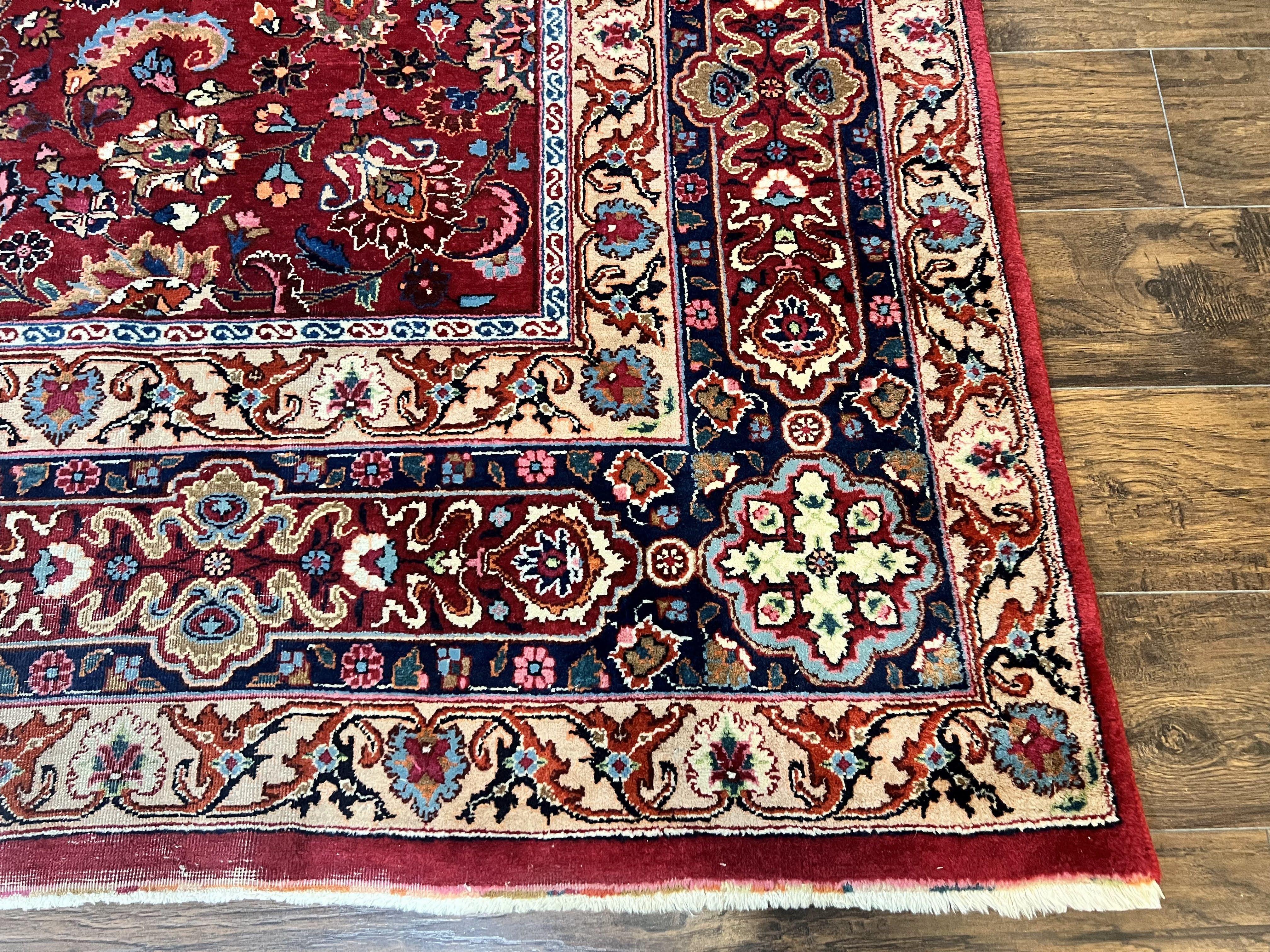 Signed Persian Mashad Rug 8x10, Wool Oriental Carpet, Semi Antique Rug, Hand Knotted, Traditional, Red, Floral Allover, - Jewel Rugs
