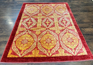 Tibetan Rug 6x8, Gold and Red, Wool Nepali Tibetan Carpet, Contemporary Handmade Rug