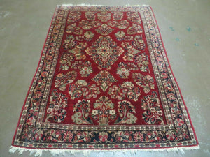 Red Persian Sarouk Rug 3x5, Antique Persian Carpet 1920s, Hand Knotted, Floral, Wool, Oriental Rug, Handmade Rug