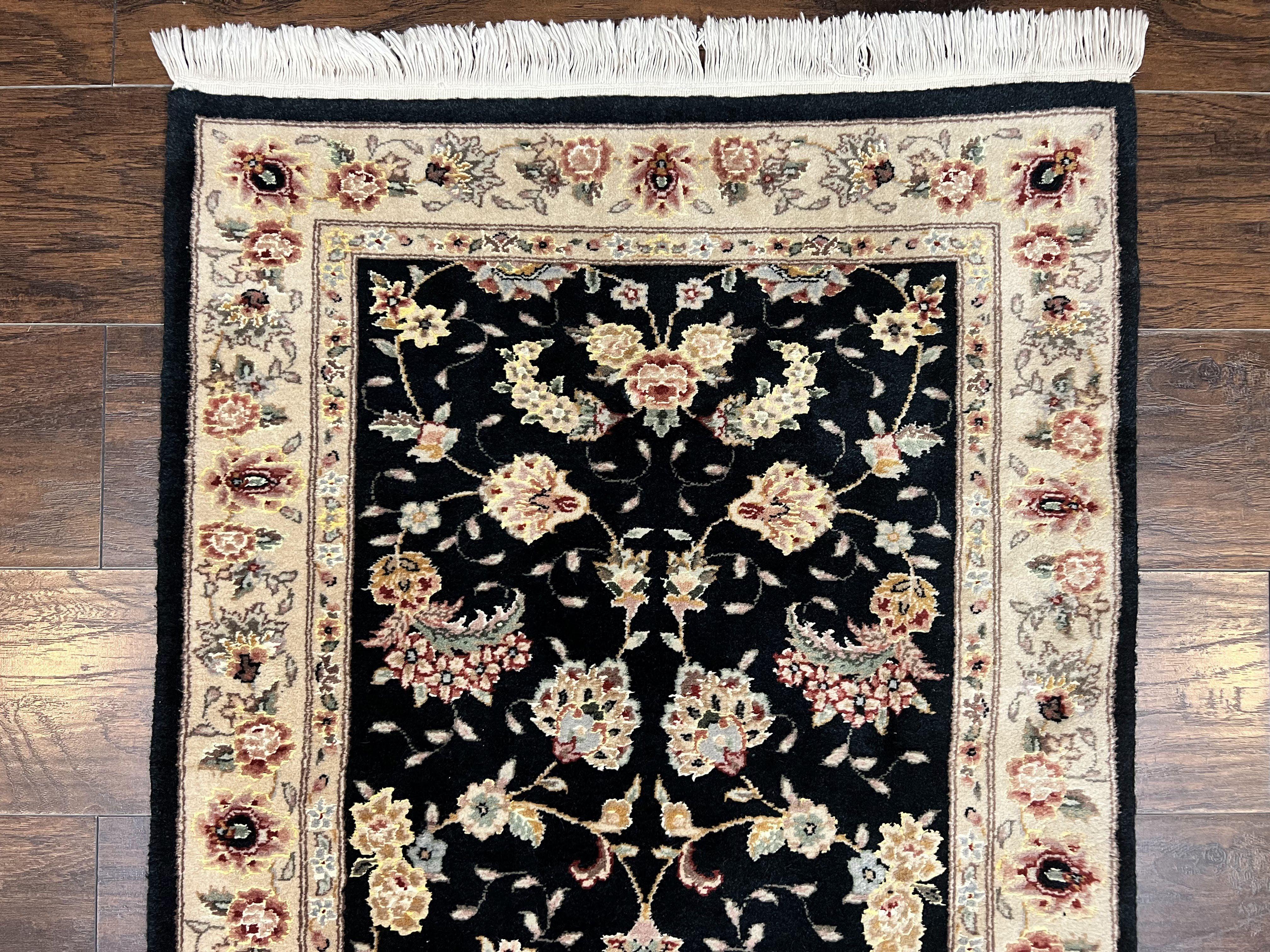 Sino Persian Short Runner Rug 2.7 x 6, Wool and Silk Highlights Black and Beige Handmade Vintage Floral Allover Oriental Carpet, Hallway Rug - Jewel Rugs