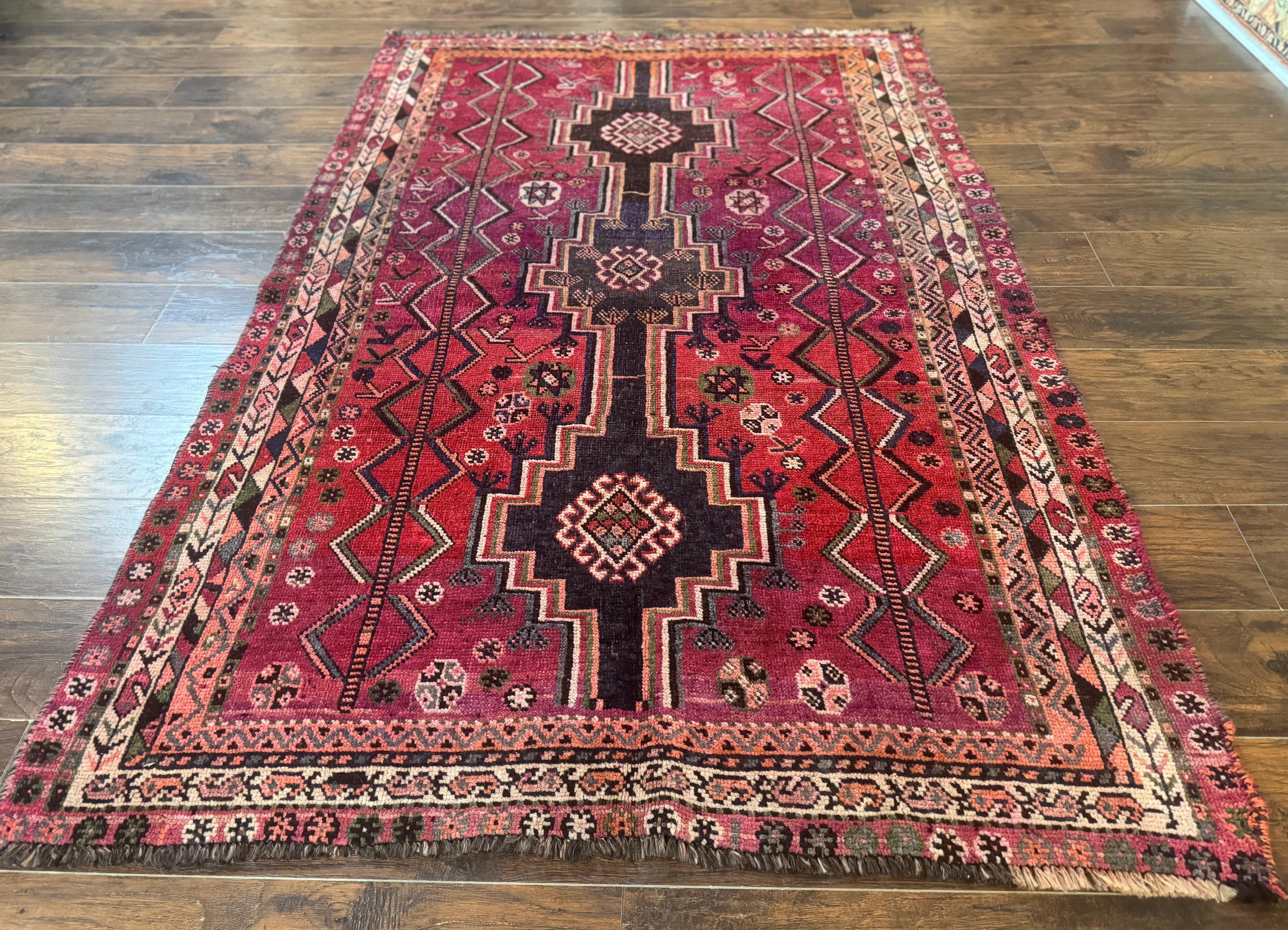 Persian Tribal Shiraz Rug 5x8, Geometric, Raspberry Red and Charcoal, Antique Persian Carpet - Jewel Rugs