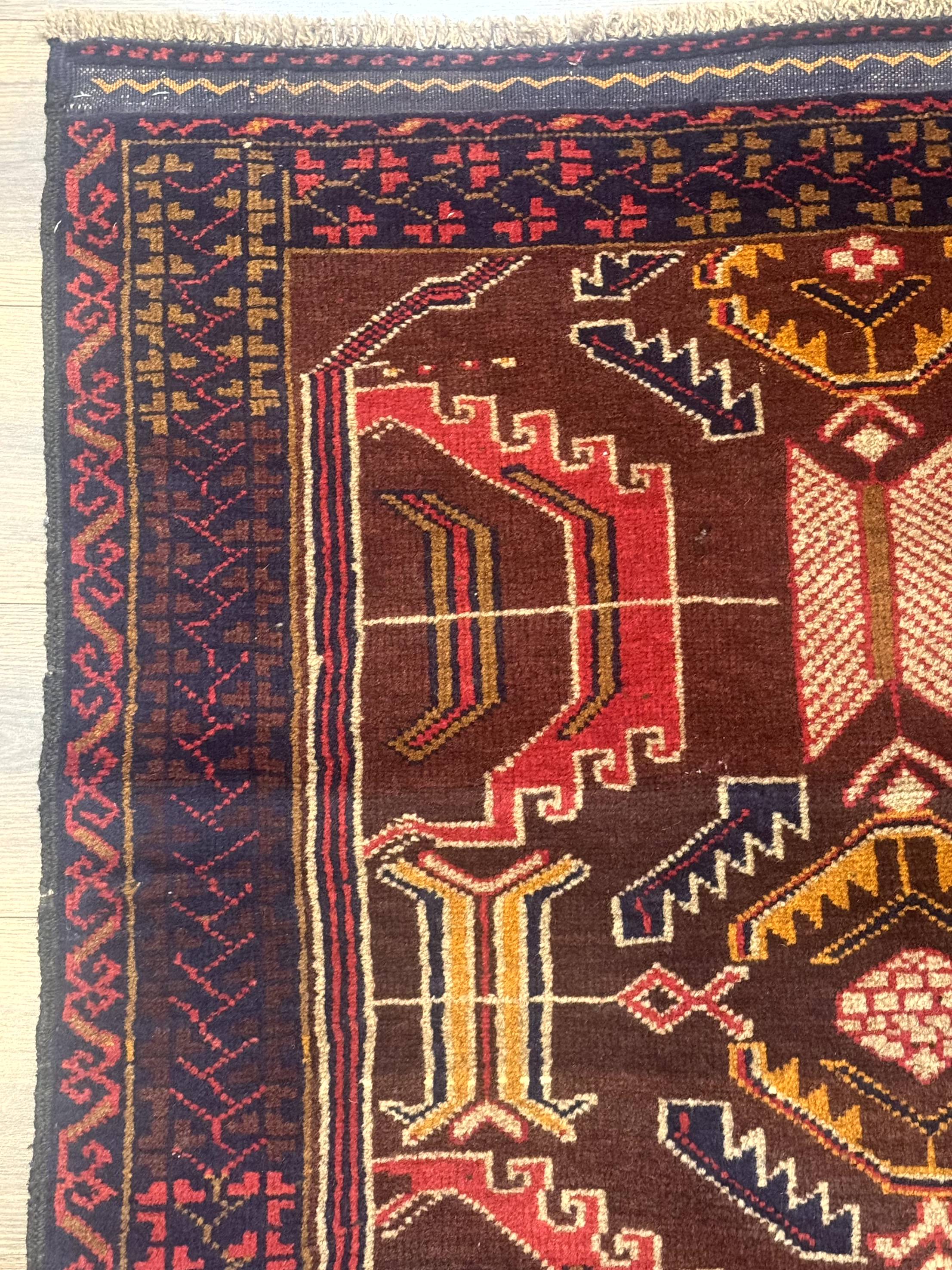 Afghan Rug 3x7, Maroon and Navy Blue, Balouch Carpet, Tribal Rug, New - Jewel Rugs