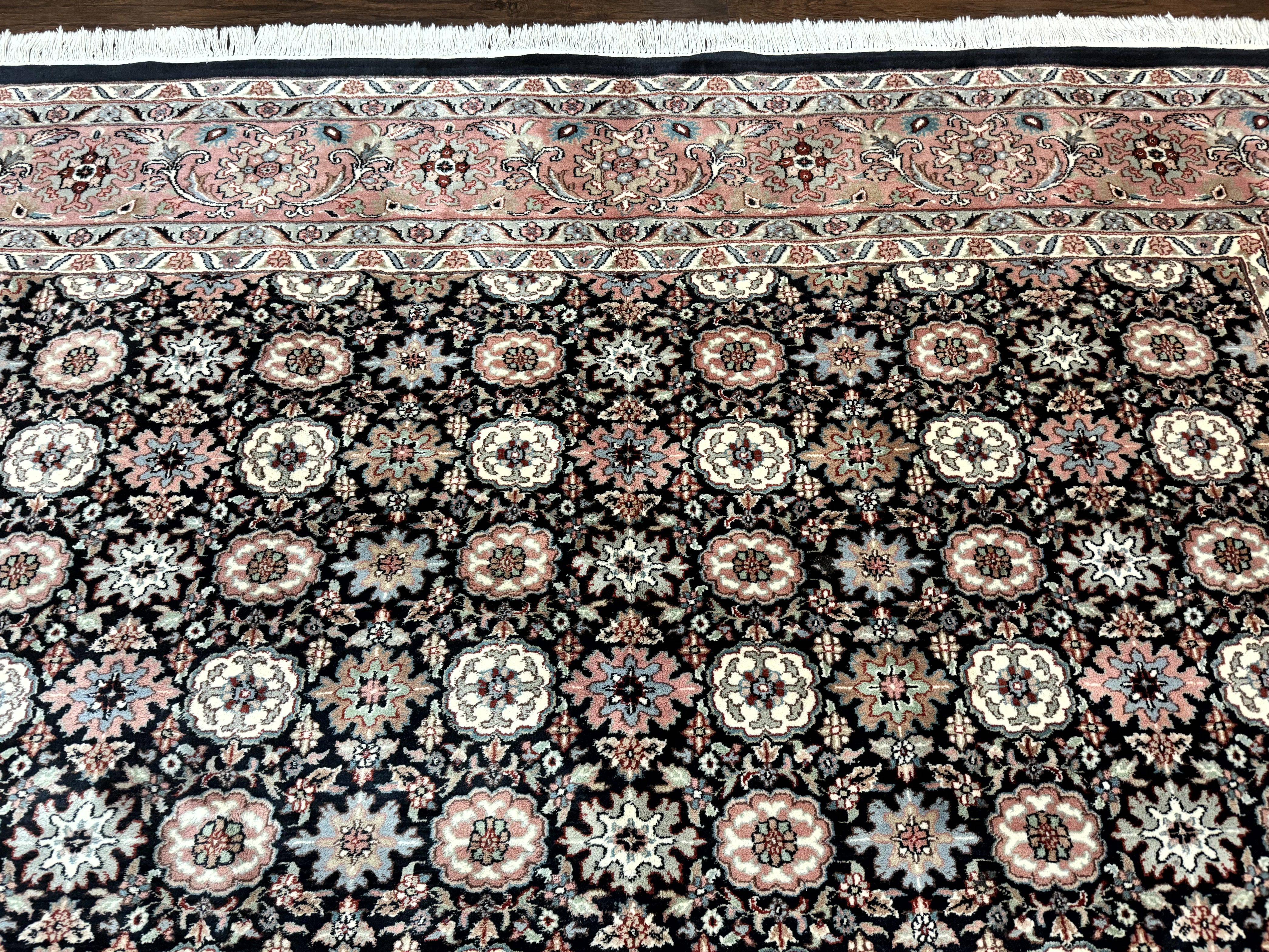 Indo Persian Rug 9x12, Vintage Handmade Wool Carpet, Repeated Allover Motif, Navy Blue and Pink - Jewel Rugs