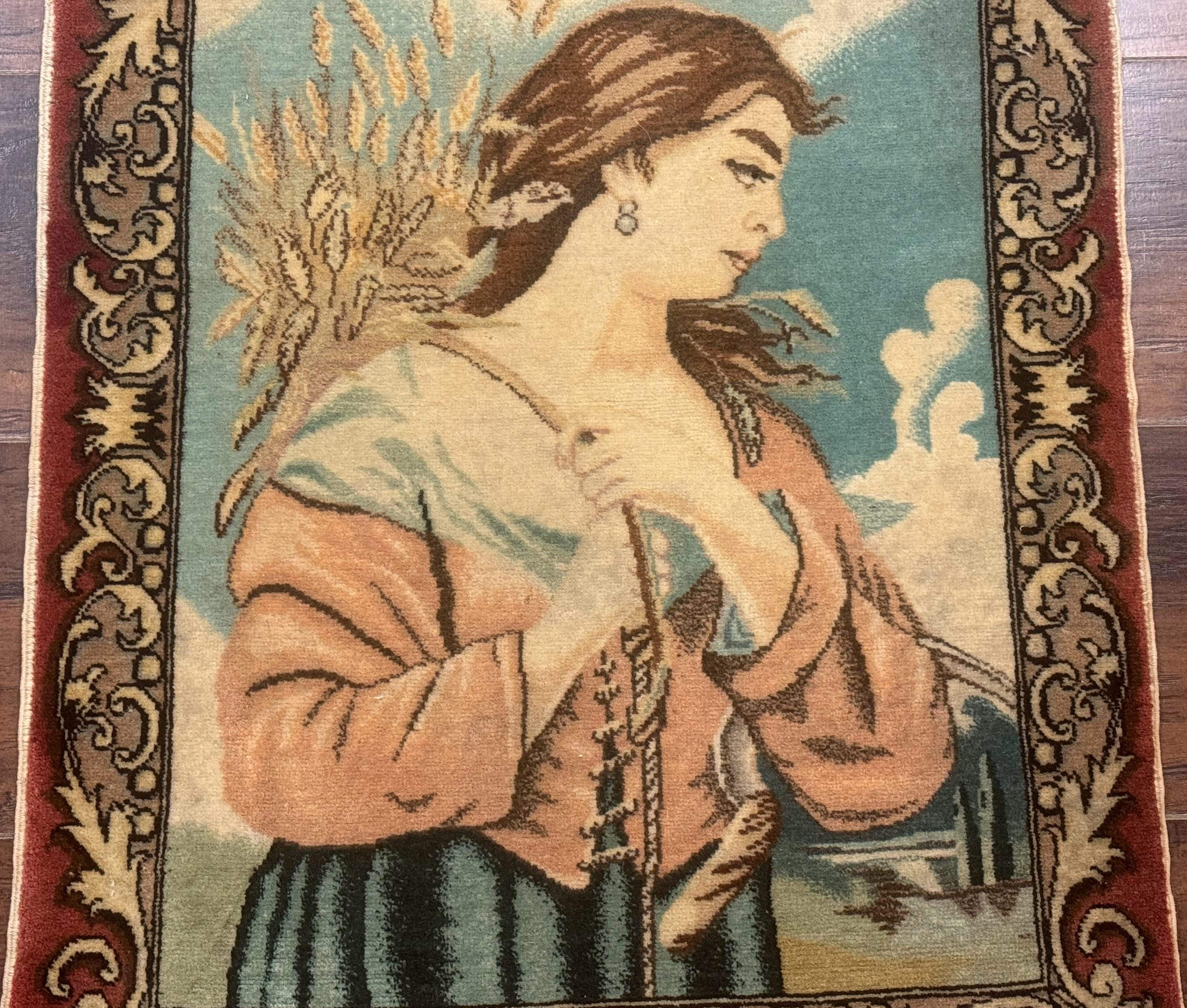 Persian Tabriz Pictorial Rug, Young Lady with Wheat, Very Fine, Wool, Wall Hanging Rug - Jewel Rugs