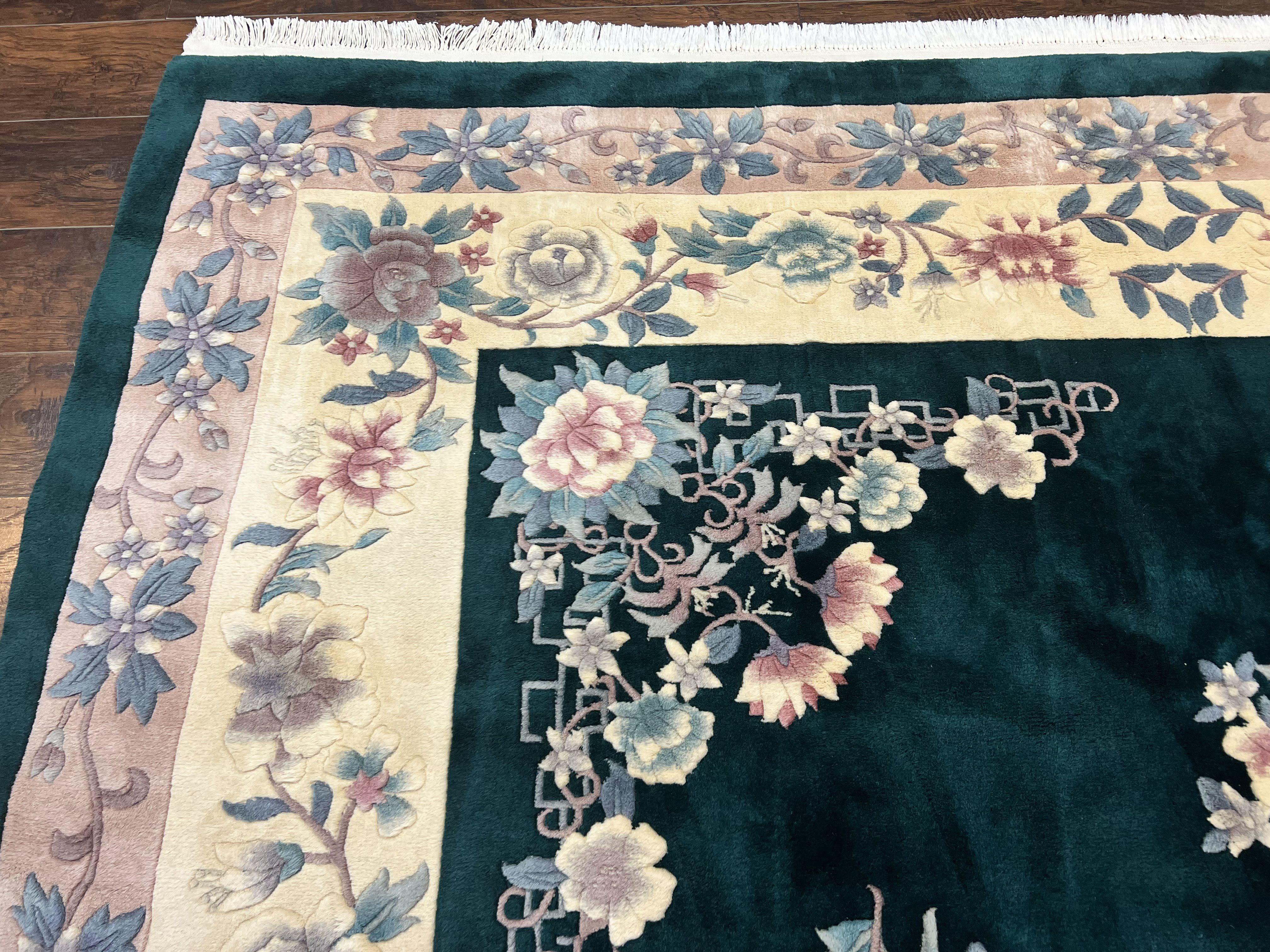 Chinese Art Deco Rug 9x12, Wool Hand Knotted Vintage Carpet, Dark Green & Cream, 90 Line Carving Rug - Jewel Rugs