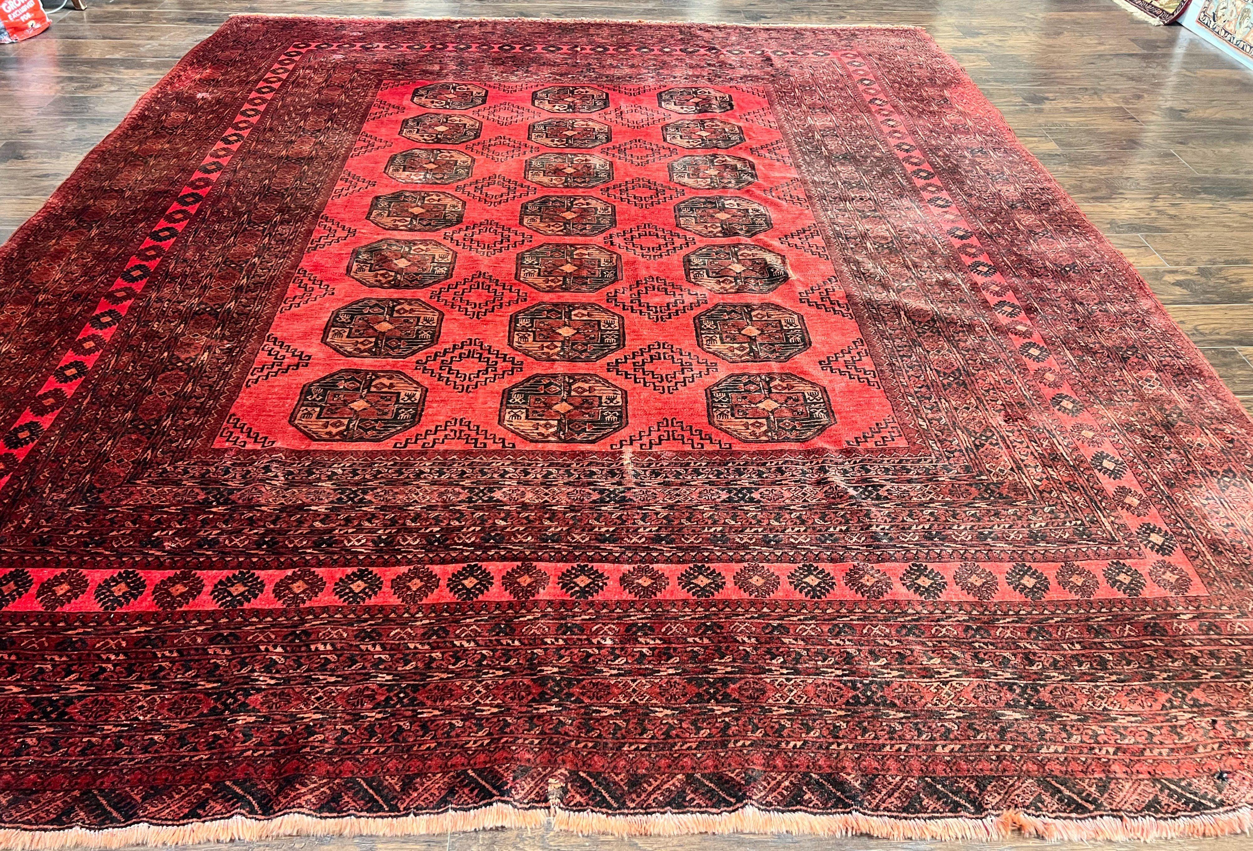 Afghan Rug 9x12, Wool Hand Knotted Vintage Carpet, Red & Black, 9 x 12 Room Sized Turkoman Tribal Oriental Rug - Jewel Rugs