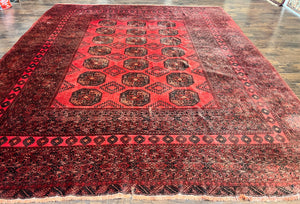 Afghan Rug 9x12, Wool Hand Knotted Vintage Carpet, Red & Black, 9 x 12 Room Sized Turkoman Tribal Oriental Rug