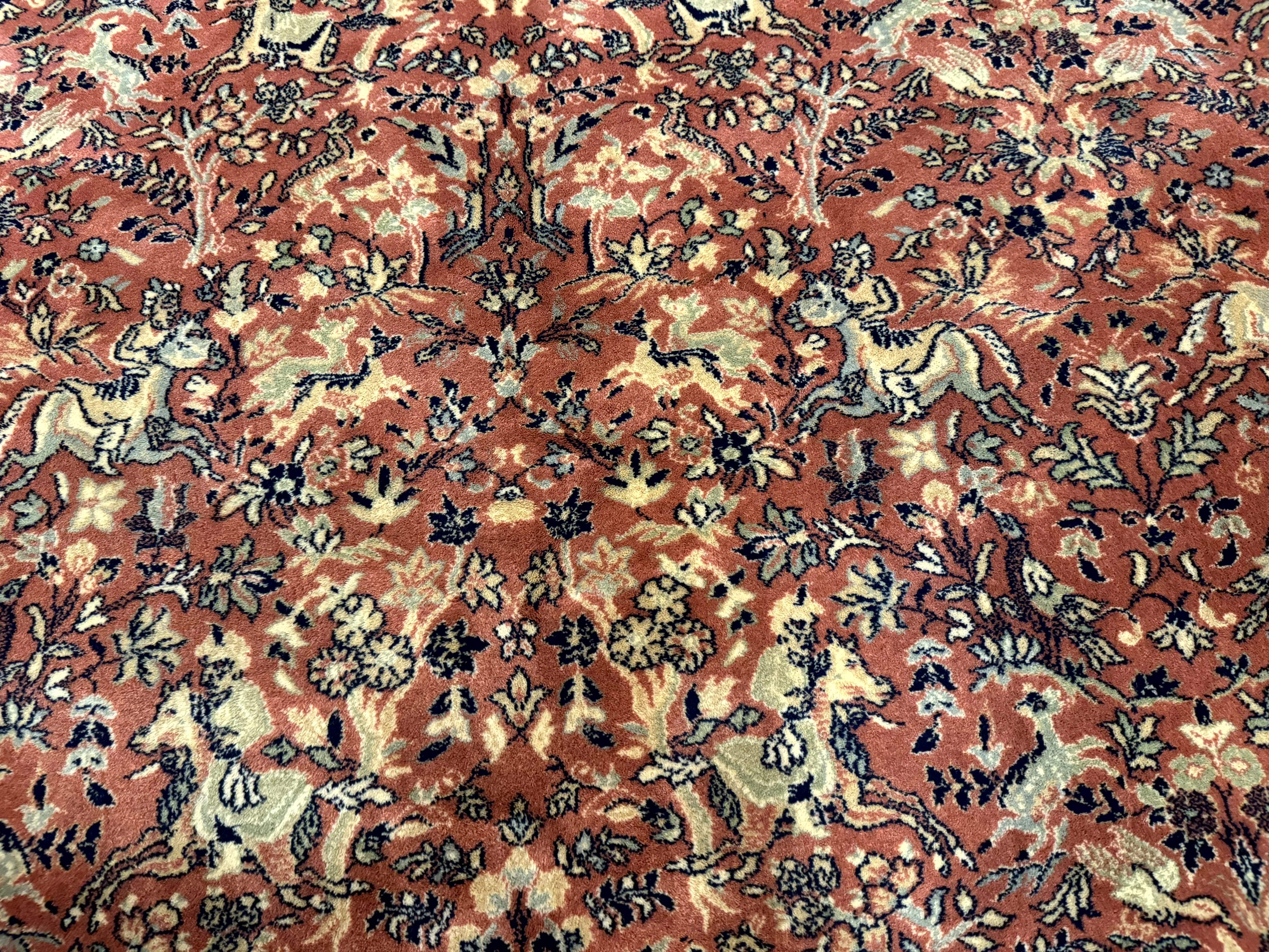 Persian Area Rug 8 x 11.6, Wool, Royal Hunting Scene, Vintage Couristan Rug, Red, Allover Pattern, Belgium Power Loomed - Jewel Rugs