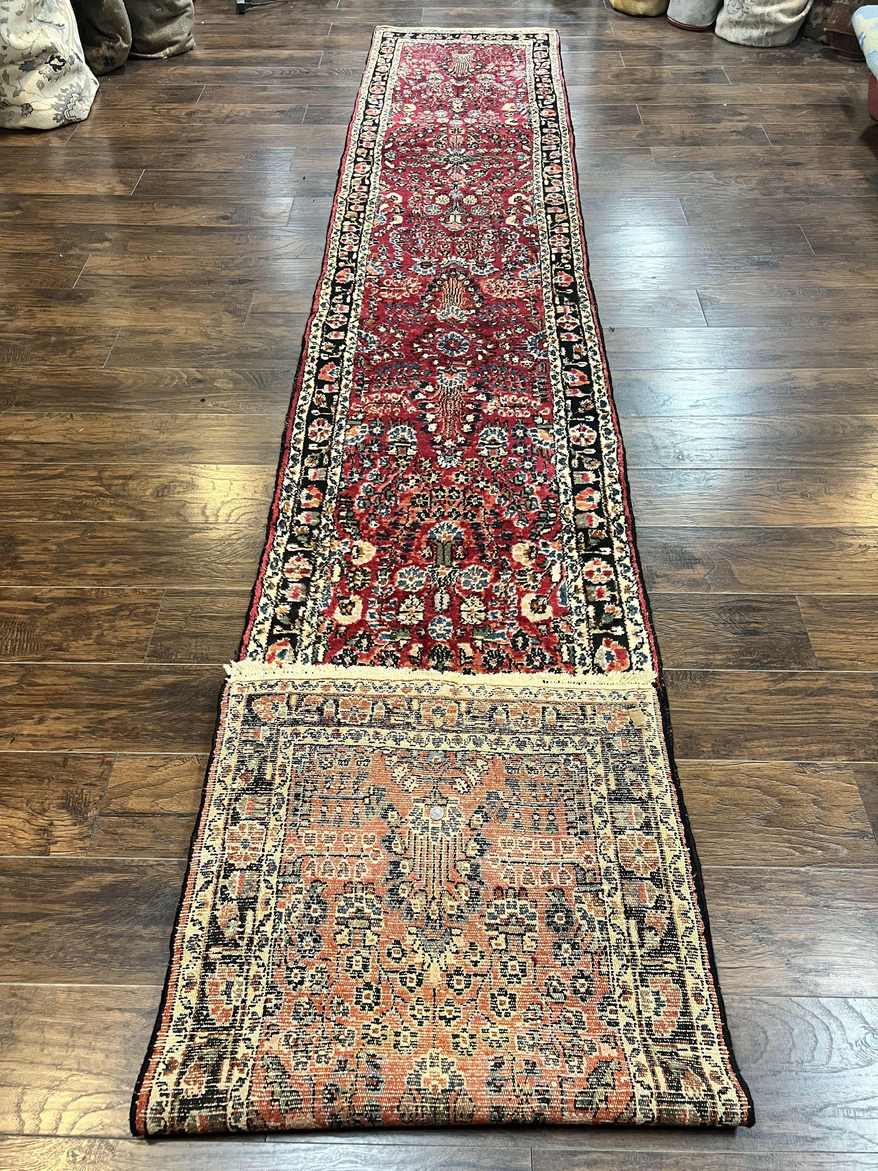 Antique Persian Runner Rug 2.9 x 17, Rare Sarouk Runner, Handmade Wool Rug for Hallway, Red, Floral - Jewel Rugs
