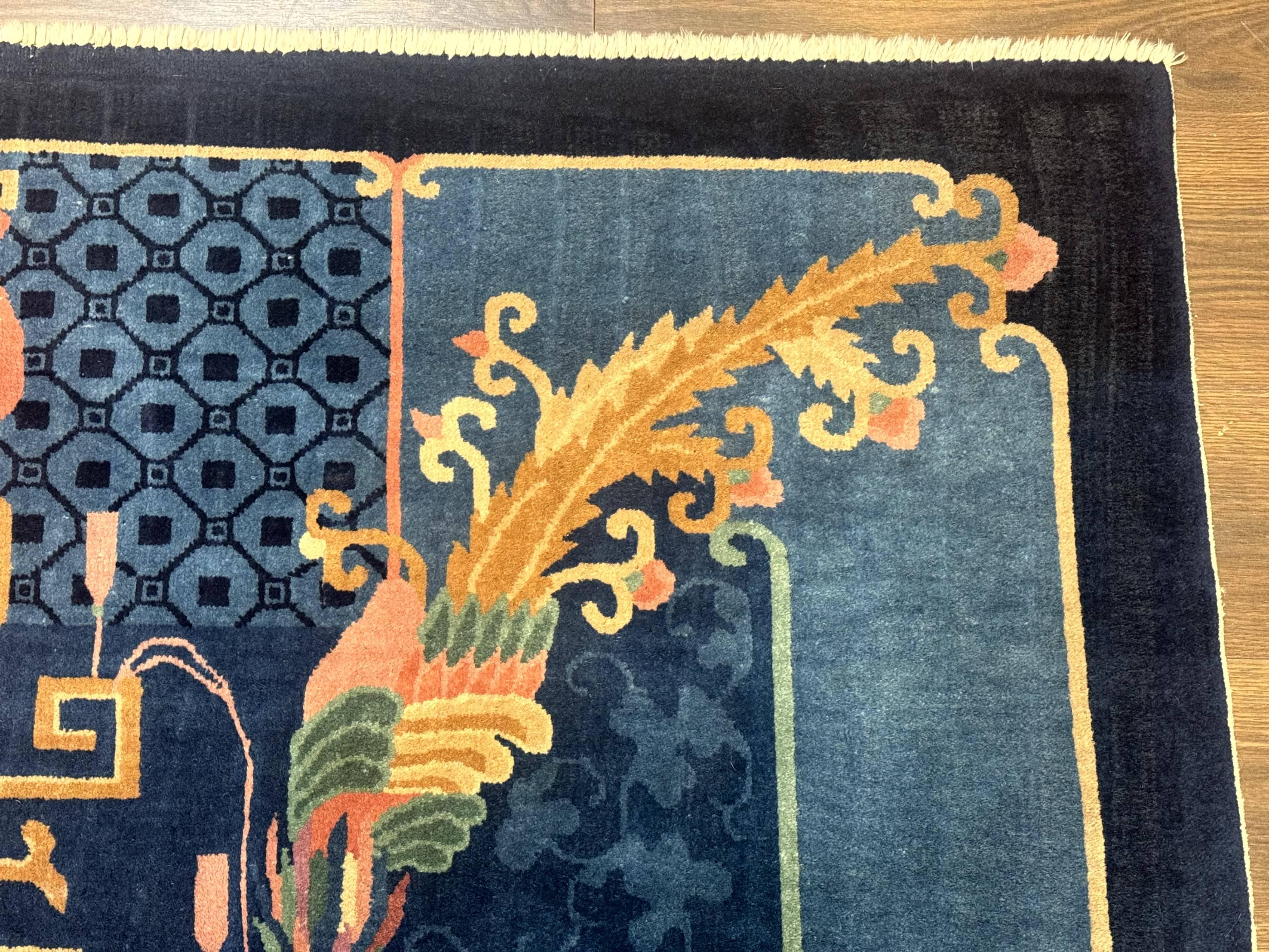 Blue Chinese Wool Rug 6x9, Chinese Peking Rug, Peacocks and Vases, Vintage Carpet - Jewel Rugs