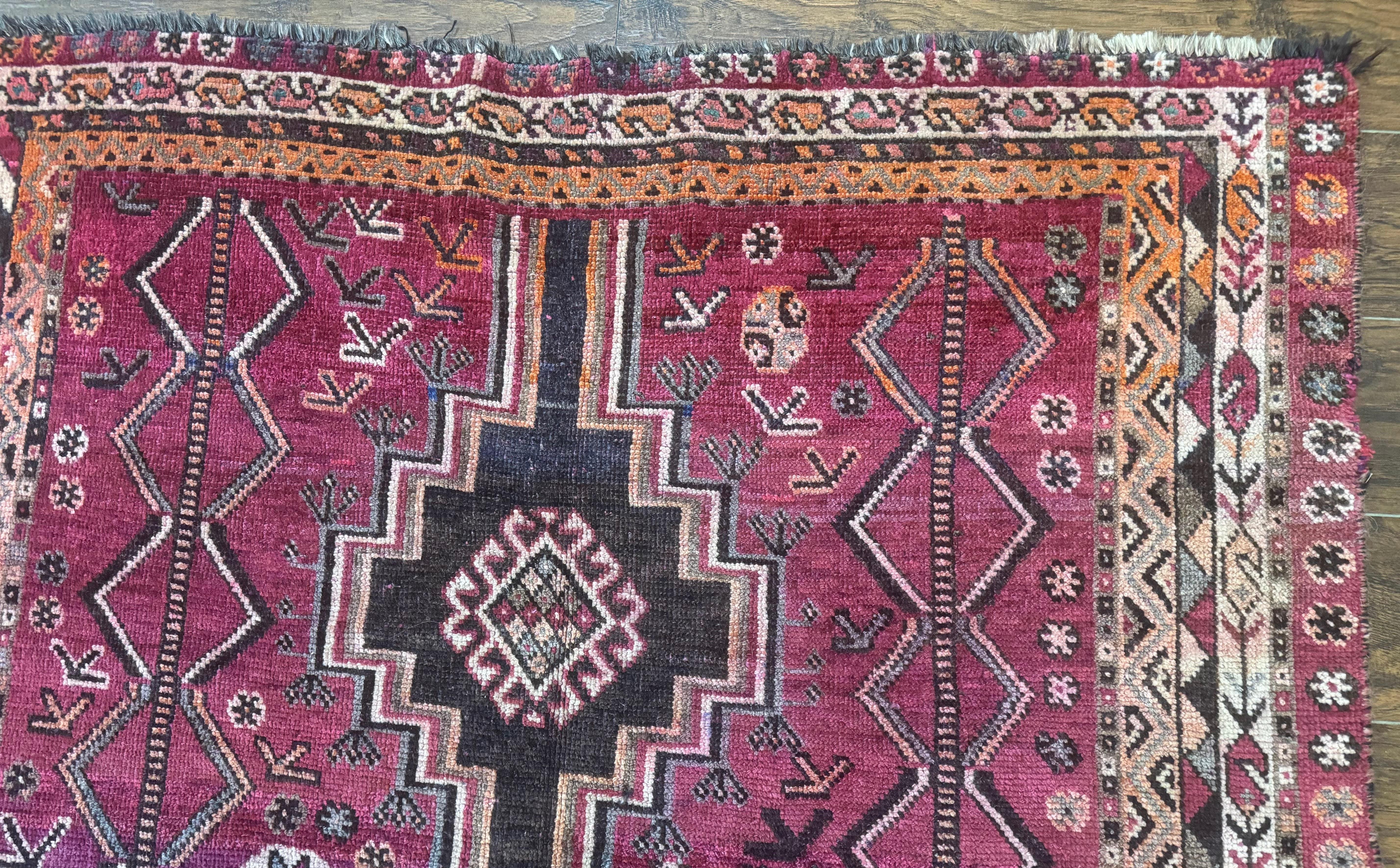 Persian Tribal Shiraz Rug 5x8, Geometric, Raspberry Red and Charcoal, Antique Persian Carpet - Jewel Rugs